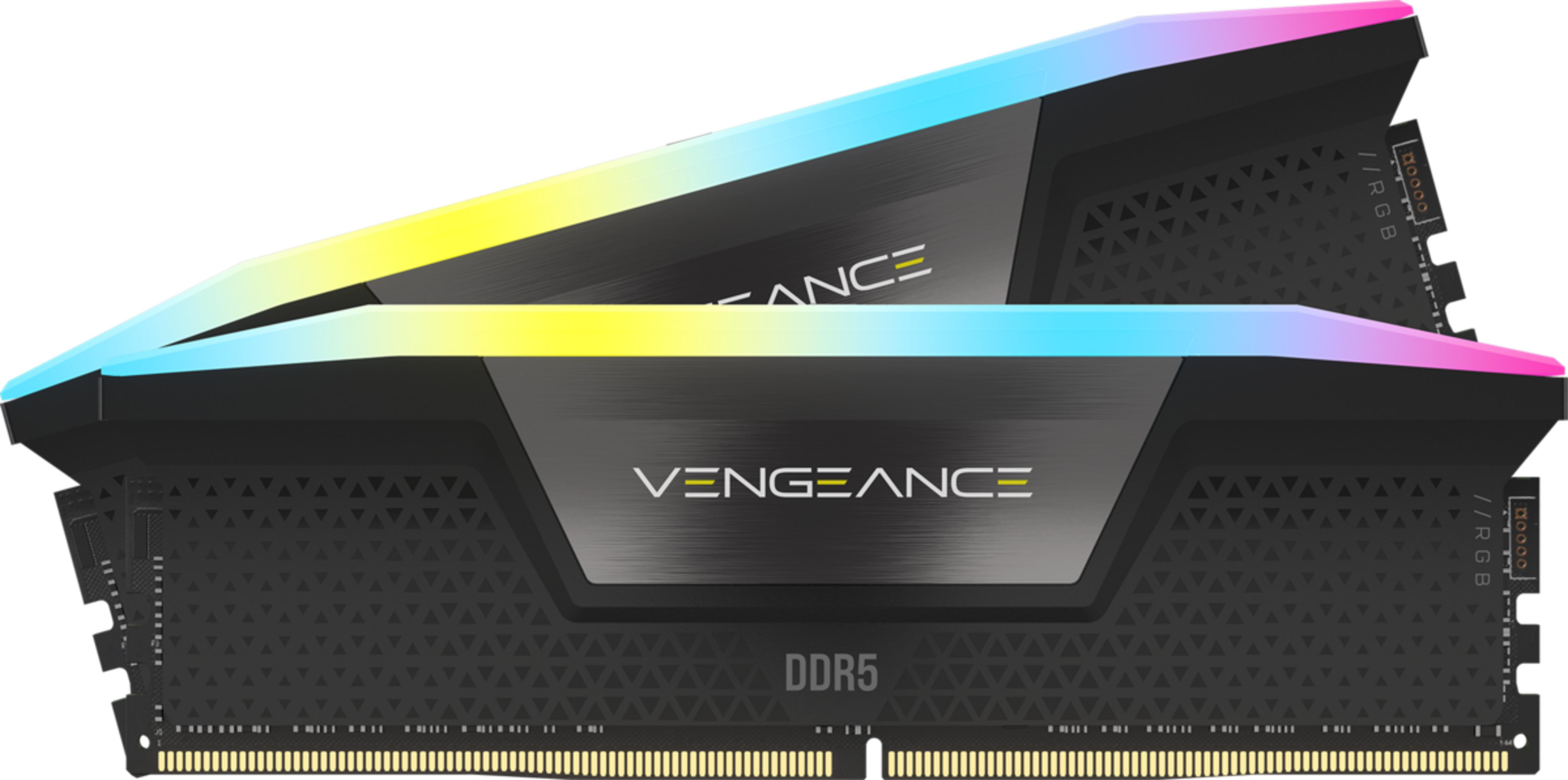 Dwa moduły RAM DDR5 z oświetleniem RGB i logo "VENGEANCE".