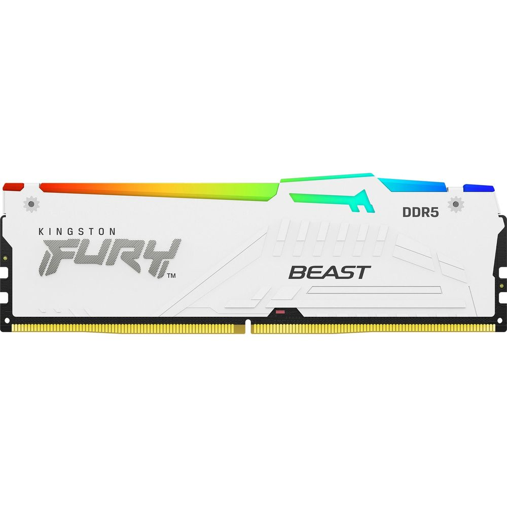 Biały moduł RAM DDR5 z podświetleniem RGB i oznaczeniem Kingston FURY Beast.
