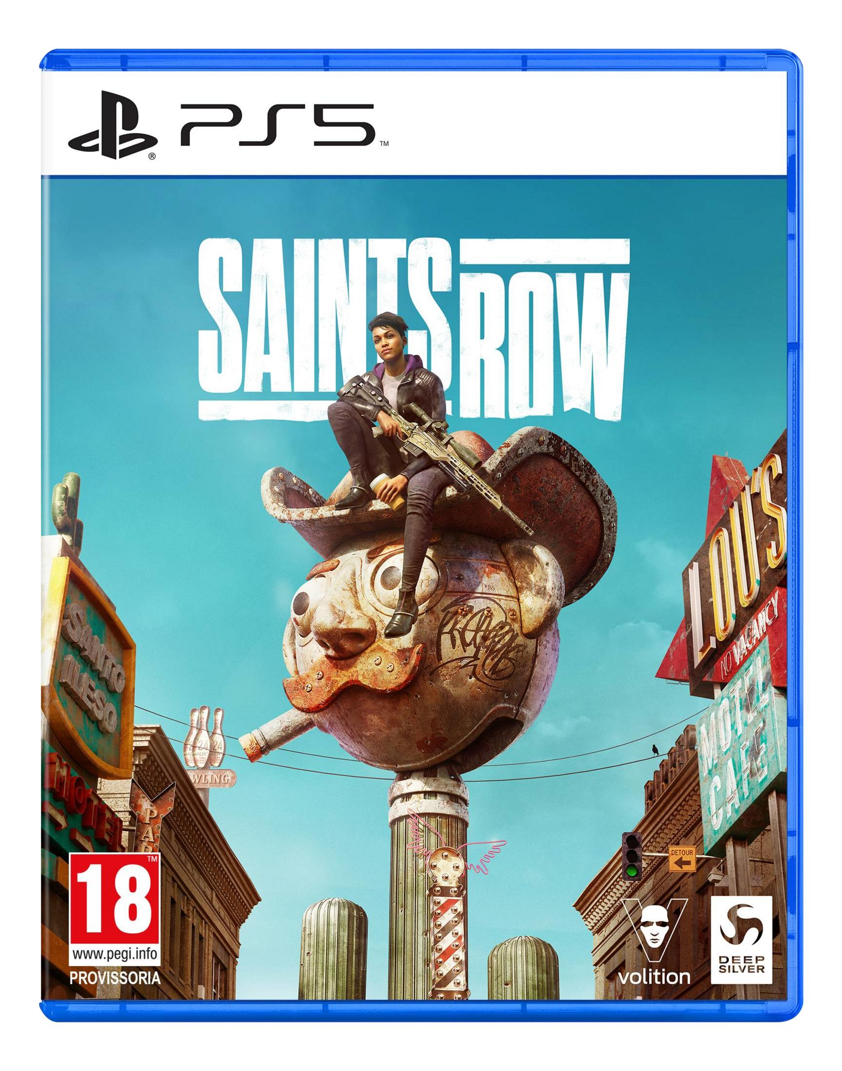 Un personaggio seduto con un fucile su un oggetto simile a una maschera. Logo PS5 in alto.