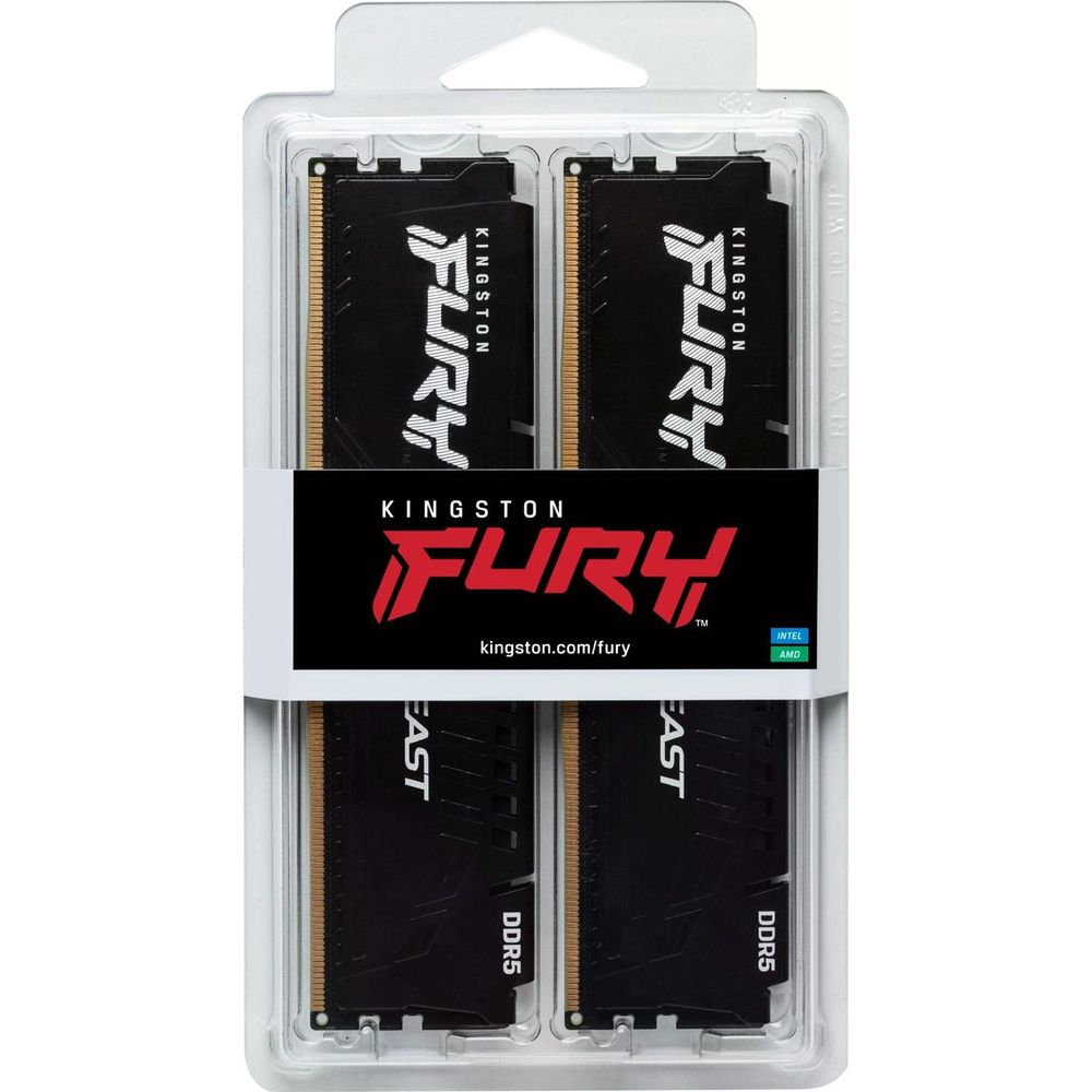 Dwa czarne moduły RAM Kingston Fury DDR5 w przezroczystym opakowaniu plastikowym z logo Fury.