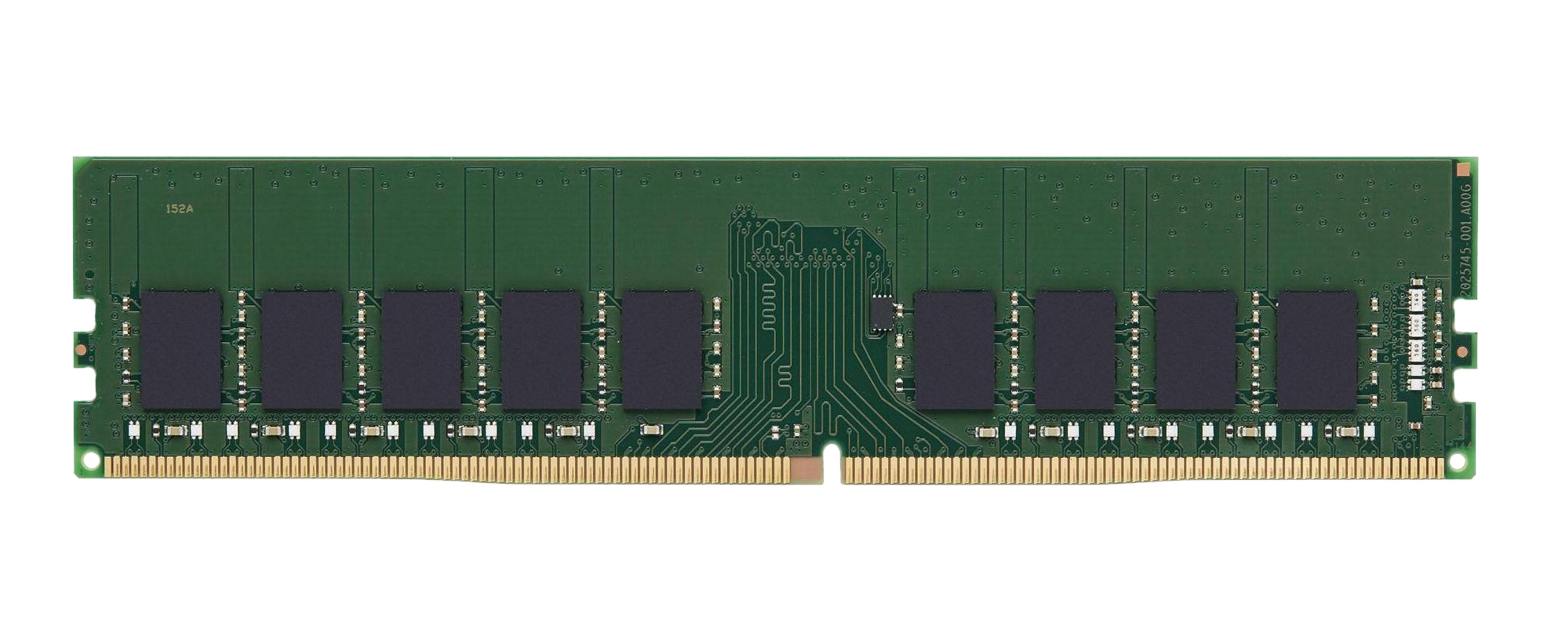 Un modulo RAM verde con chip neri e contatti dorati su sfondo bianco.