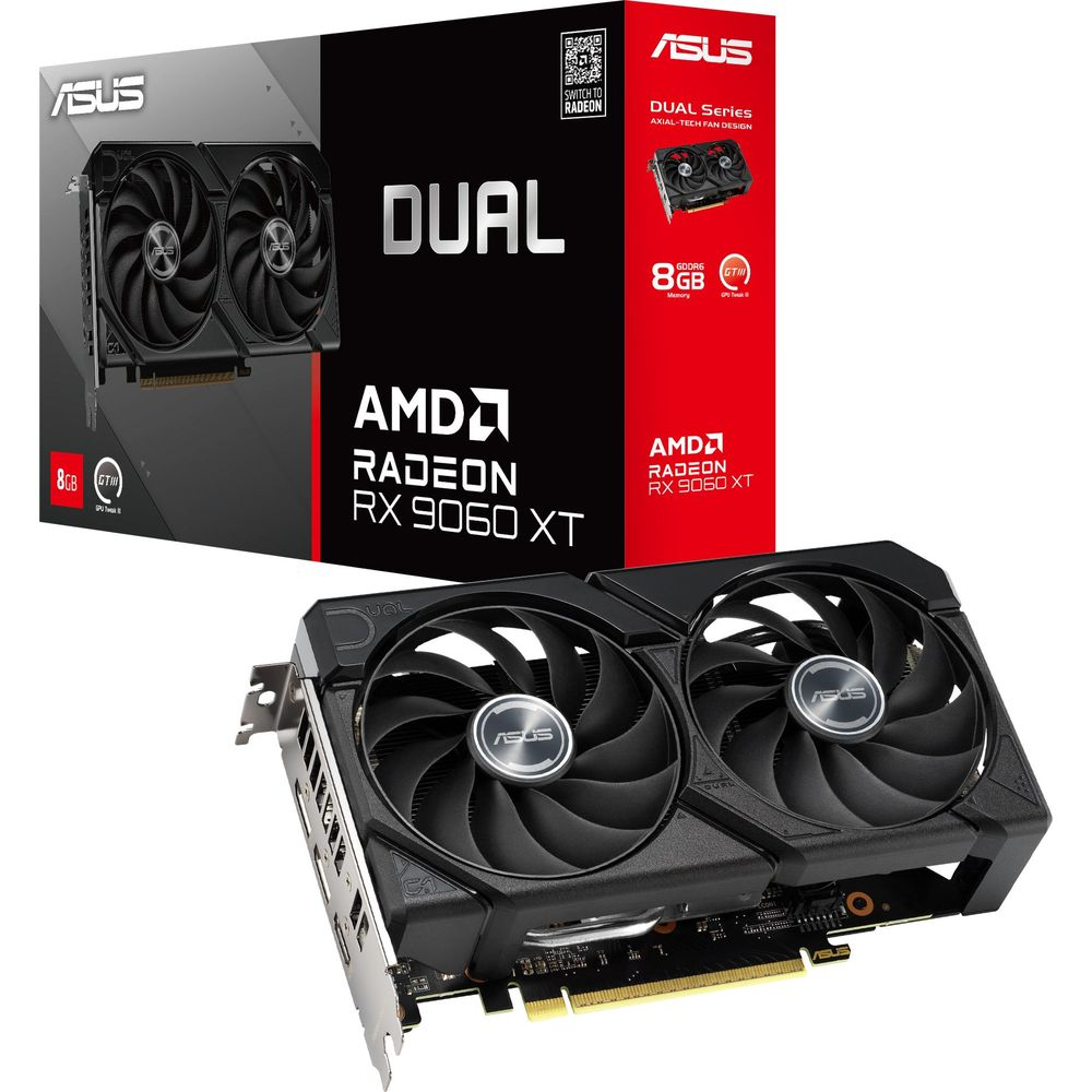 Karta graficzna ASUS Dual Radeon RX 9060 XT z dwoma wentylatorami i pudełkiem.
