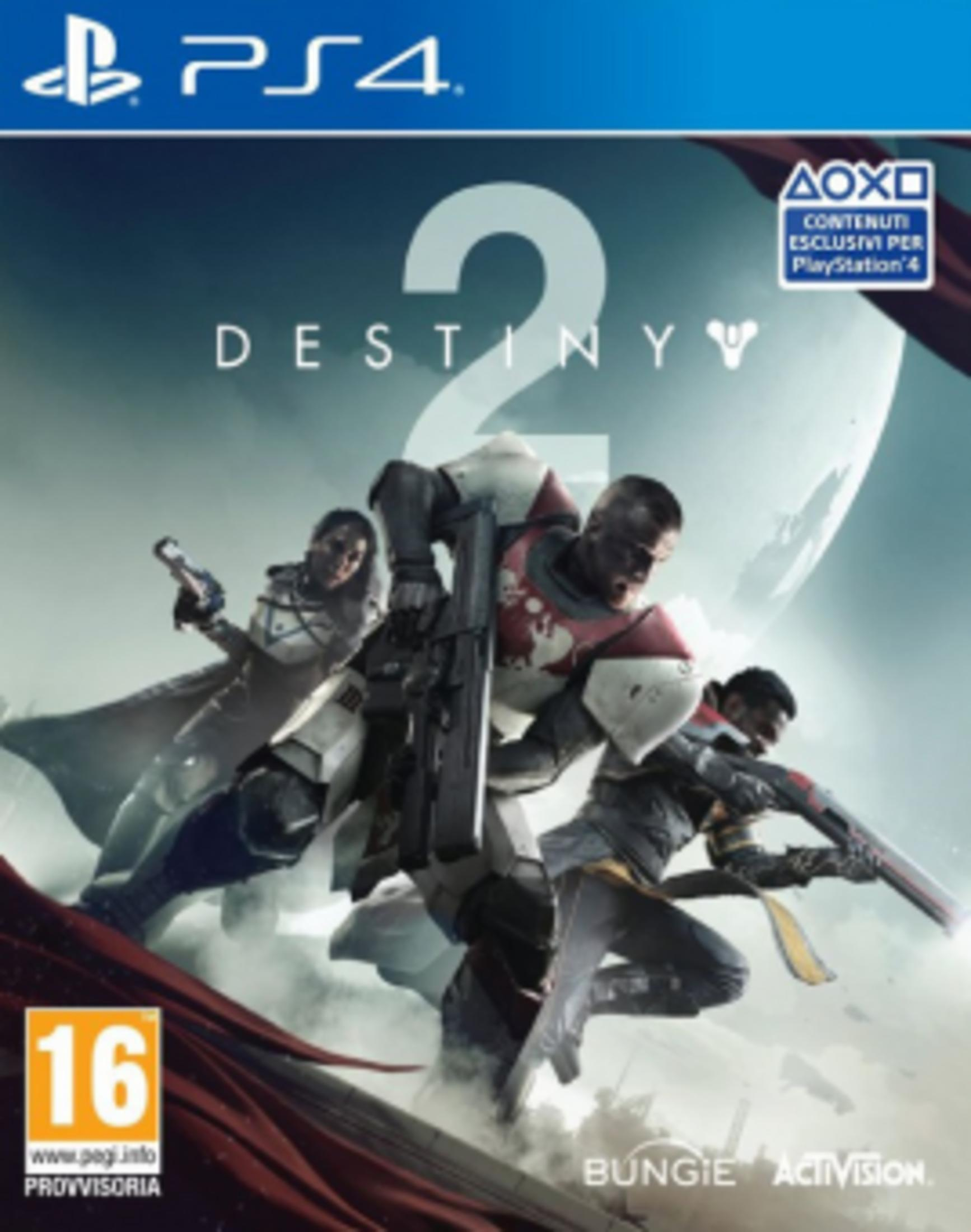 La copertina di Destiny 2 per PS4 mostra tre personaggi corazzati con armi.