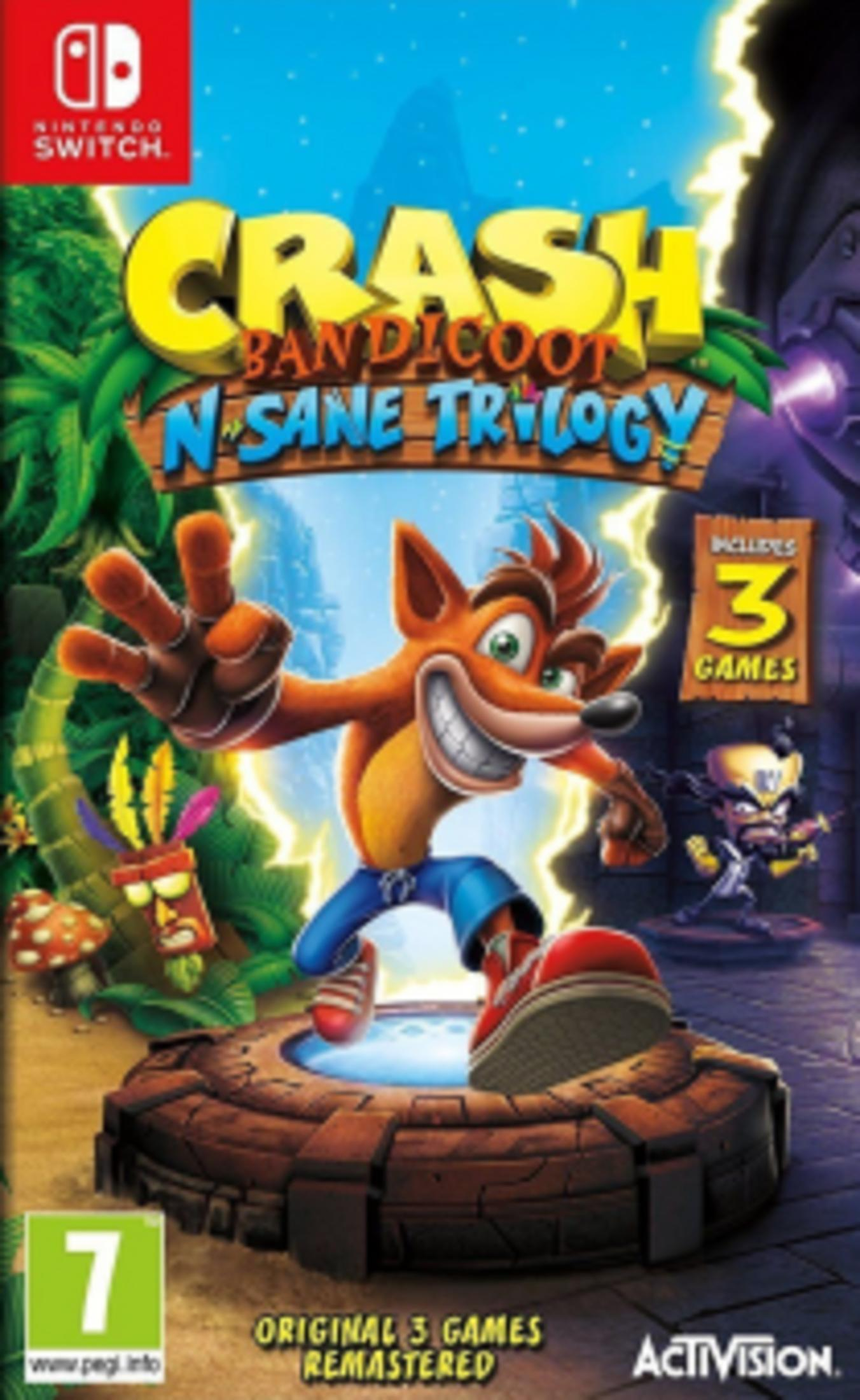Copertina di Crash Bandicoot N. Sane Trilogy per Nintendo Switch. Crash posa su una piattaforma.