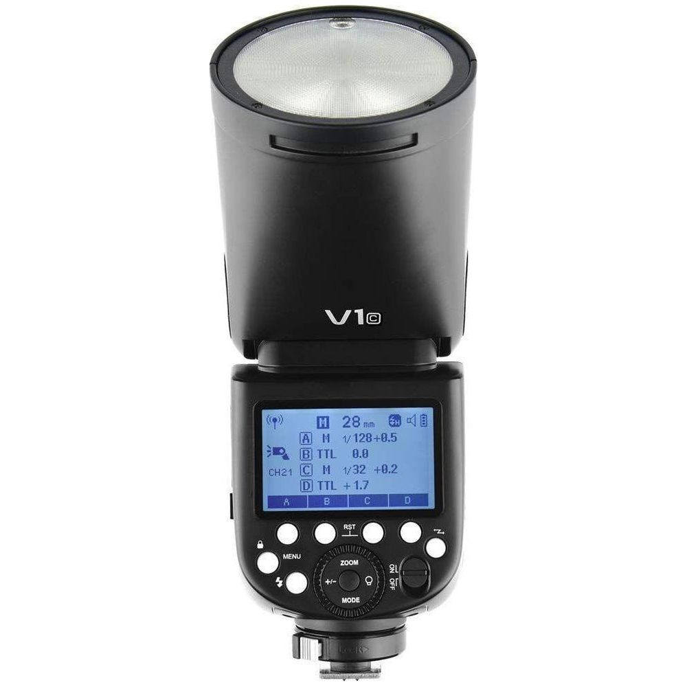 Czarny flesz do aparatu z okrągłą głowicą i ekranem LCD z ustawieniami.