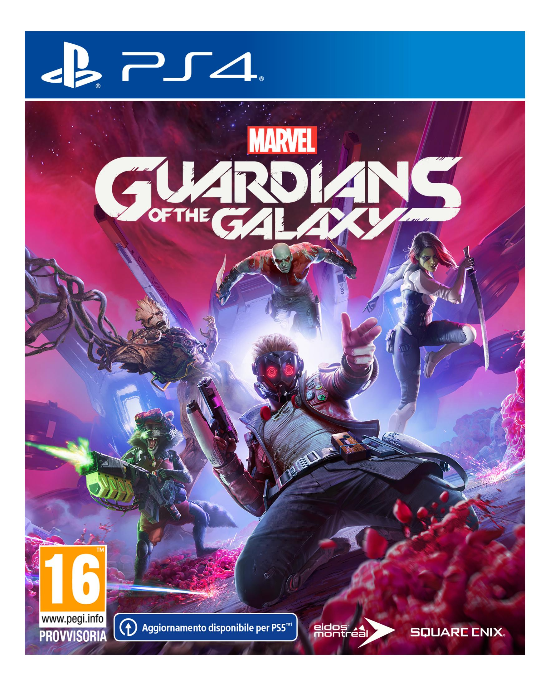 Copertina del gioco PS4 Guardians of the Galaxy con Star-Lord, Gamora, Groot, Rocket e Drax.