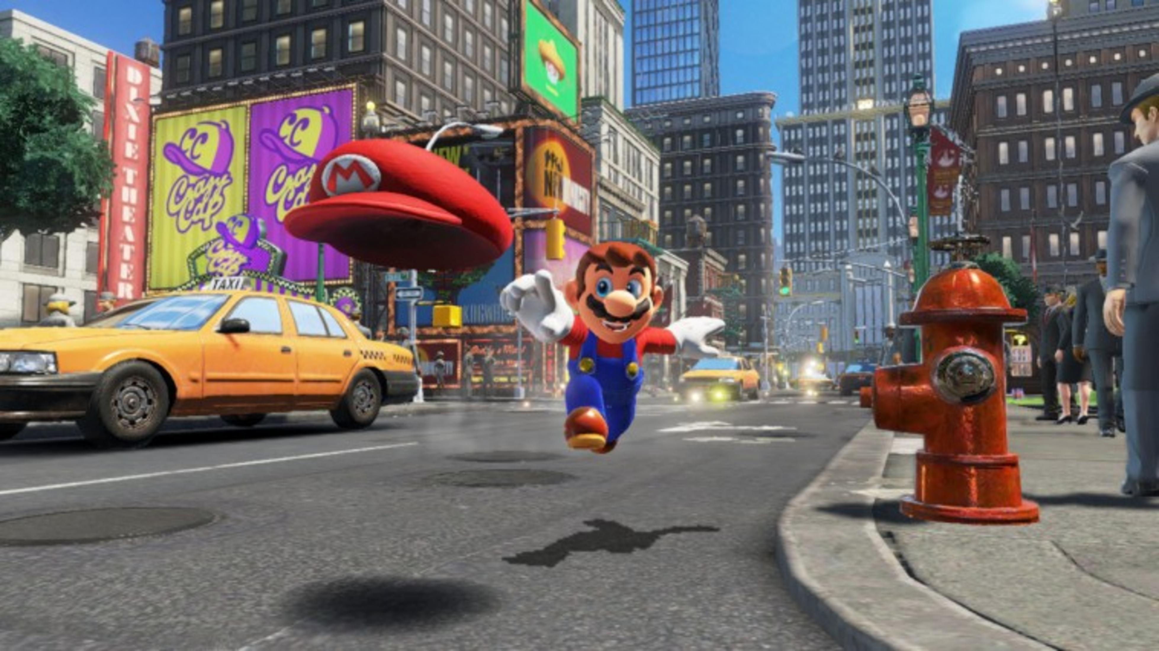 Mario salta en una calle de Nueva York con taxis y rascacielos.