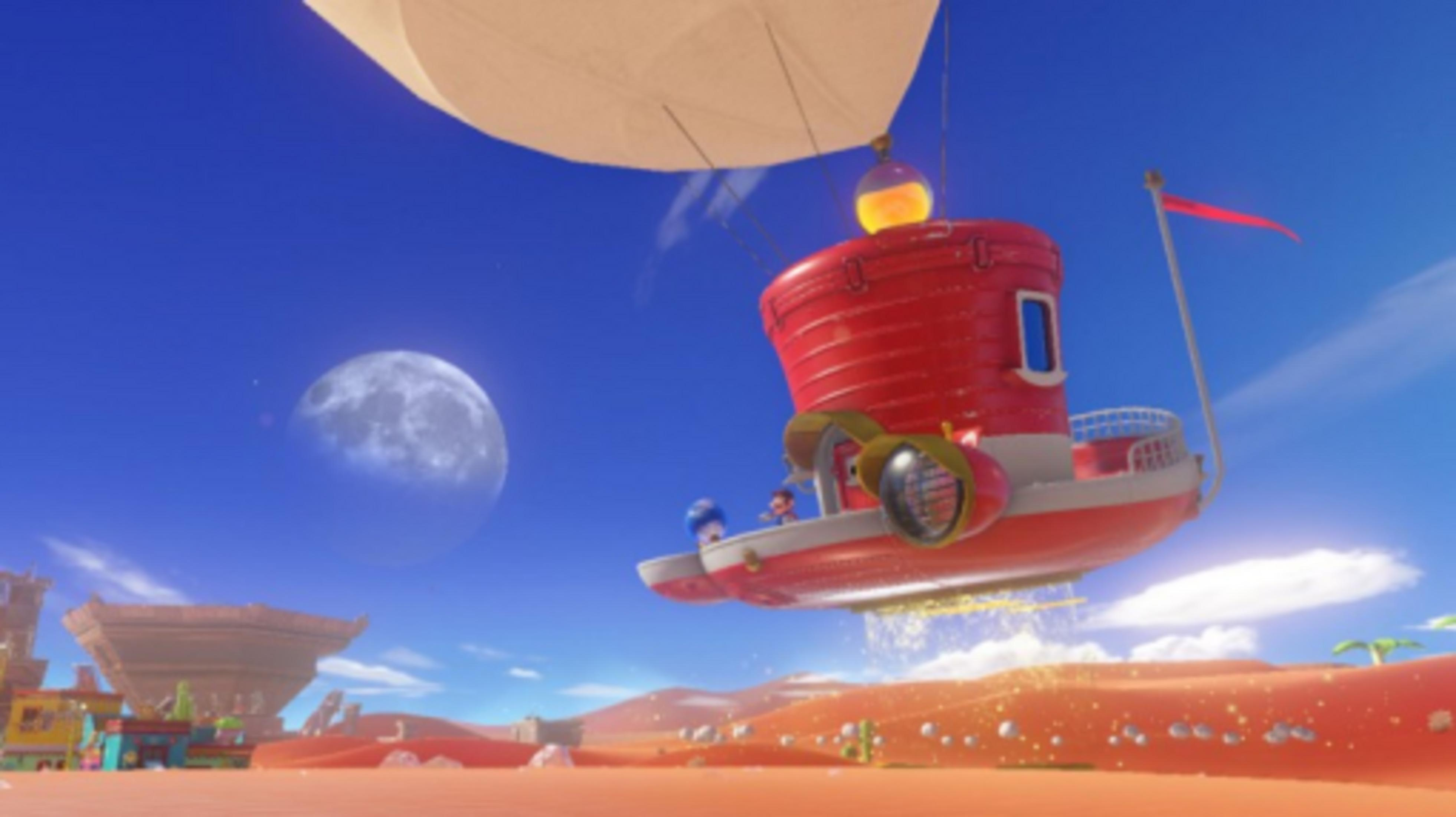 Una nave aérea roja con Mario y Luigi vuela sobre un paisaje desértico.