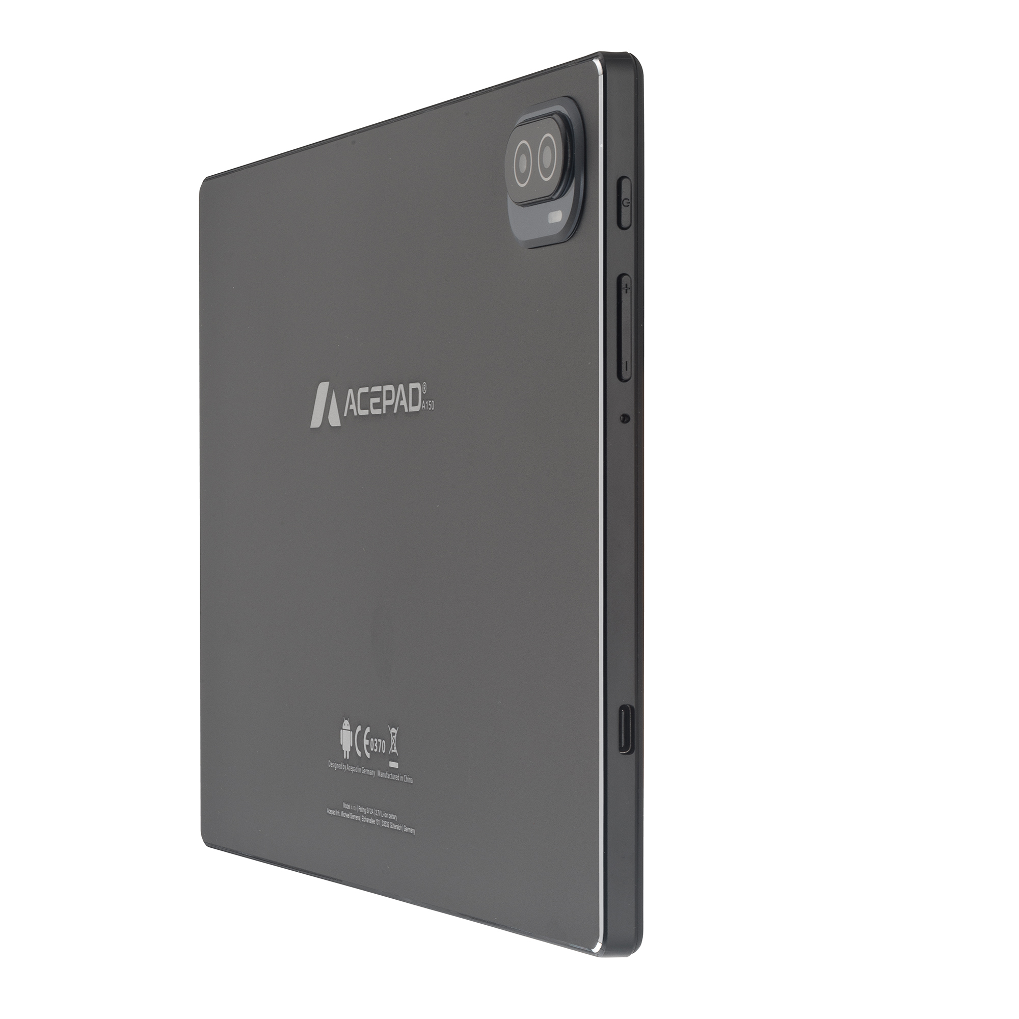 Rückseite eines schwarzen Acepad Tablets mit Dual-Kamera und Beschriftungen.