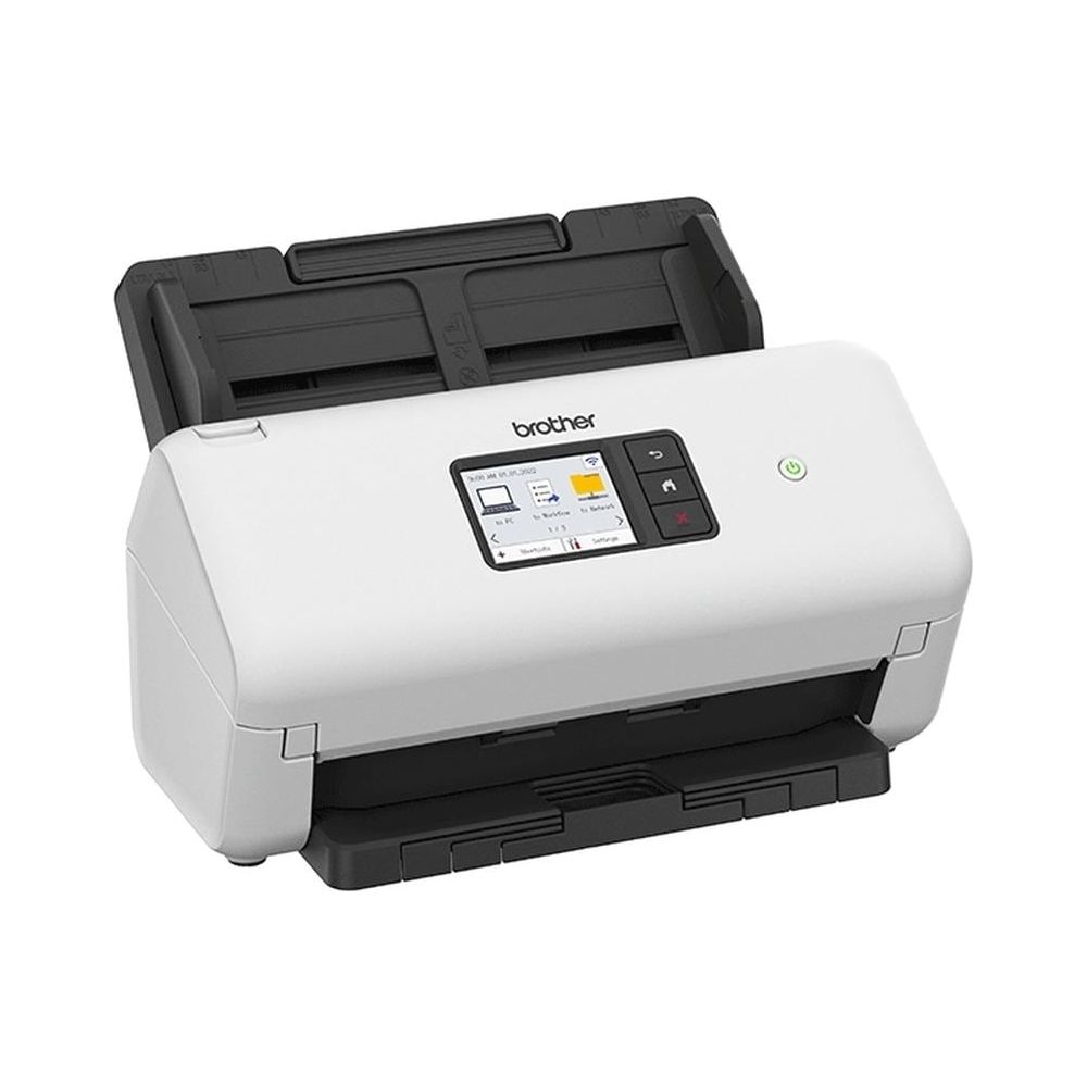 Biały skaner Brother z otwartym podajnikiem i kolorowym ekranem.