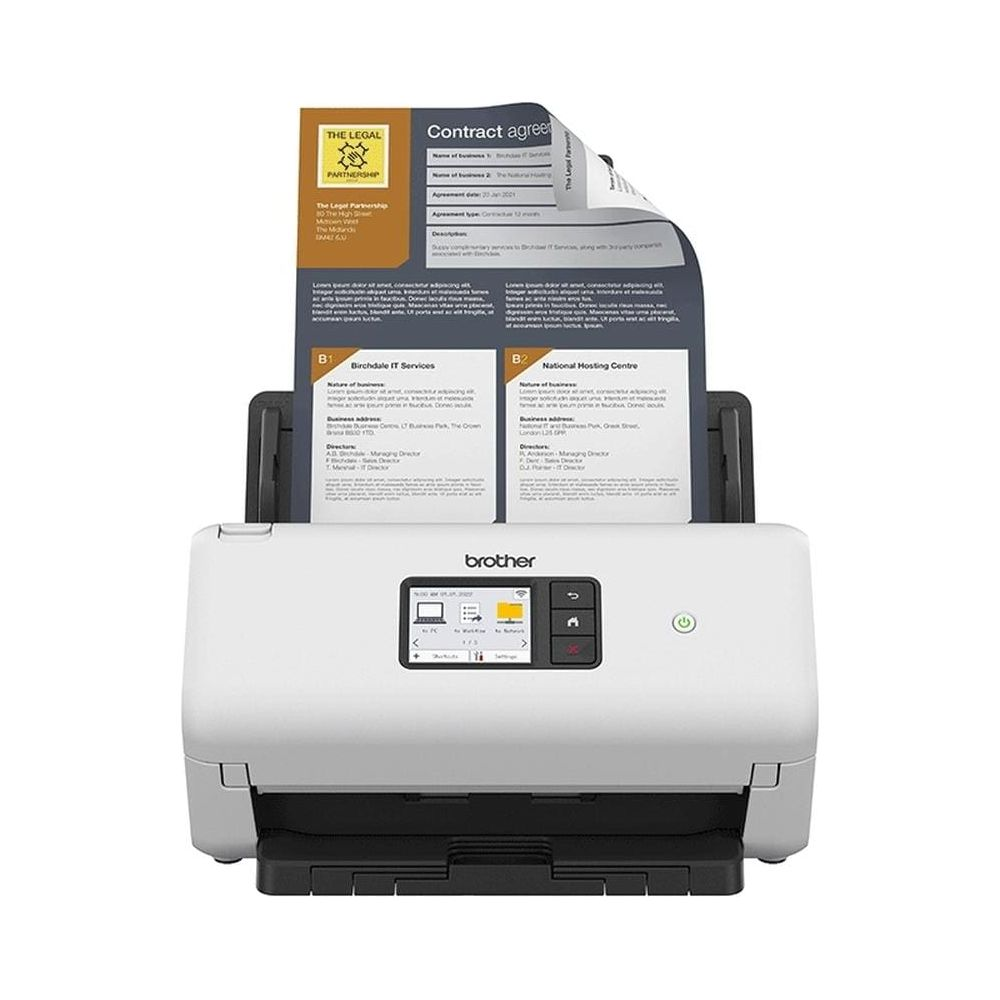 Biały skaner Brother z włożonymi dokumentami. Kolorowy wyświetlacz pokazuje ikony.