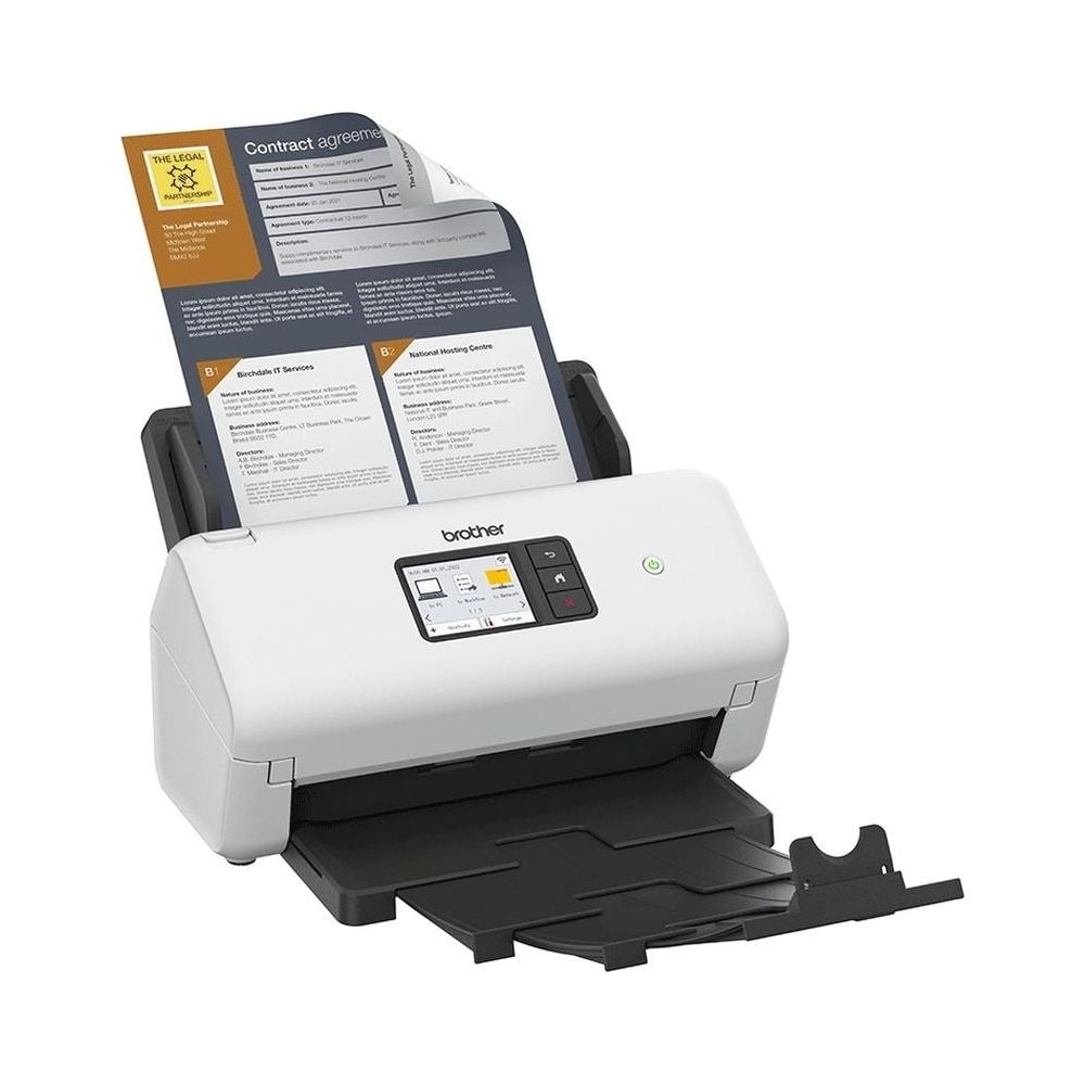 Biały skaner Brother z włożonym dokumentem umowy.