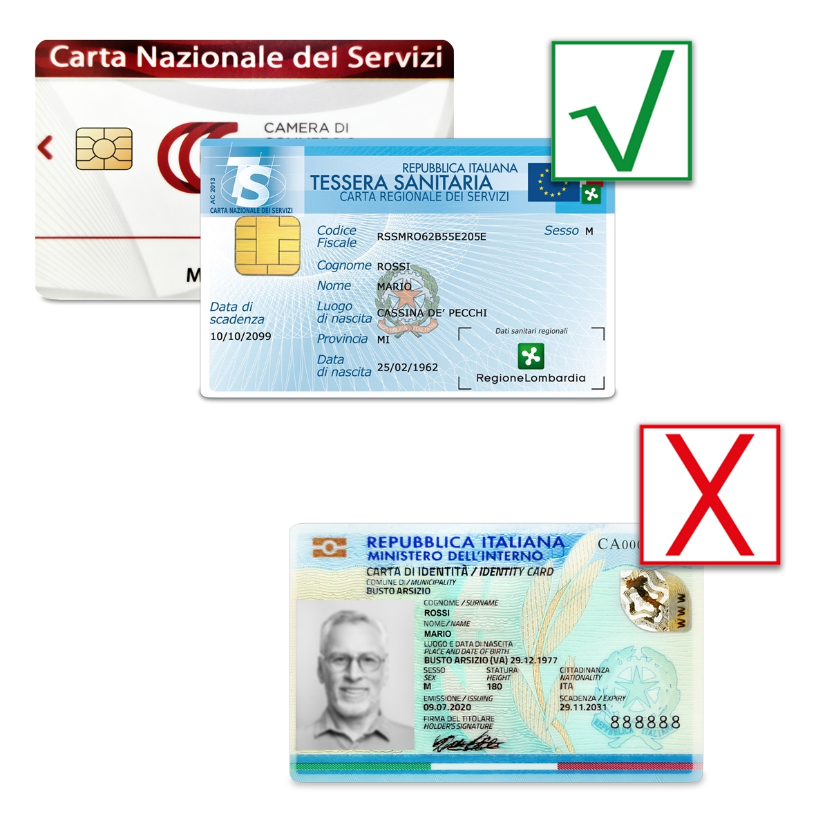 Due documenti italiani, tessera sanitaria e carta d'identità con simboli verde e rosso.