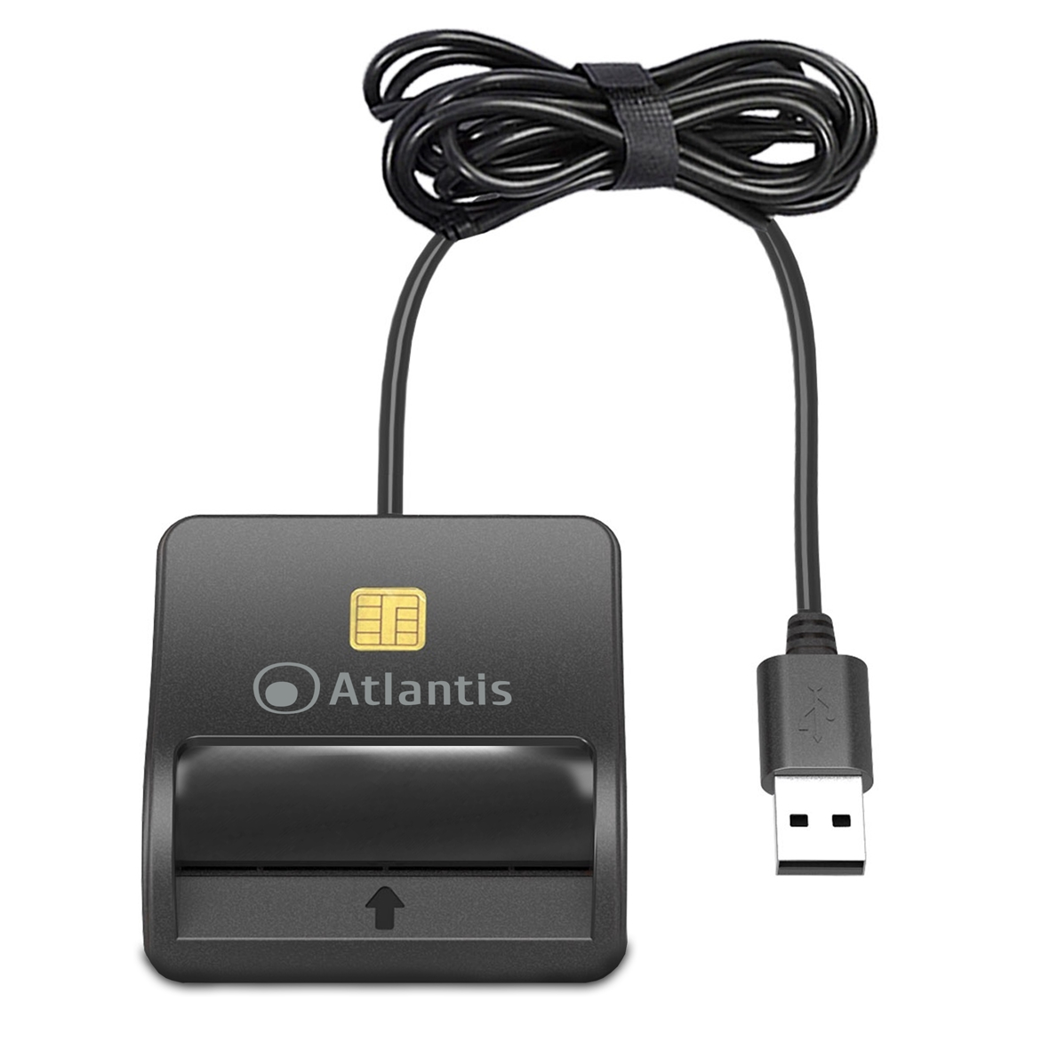 Un lettore di schede SIM Atlantis nero con cavo USB e chip.