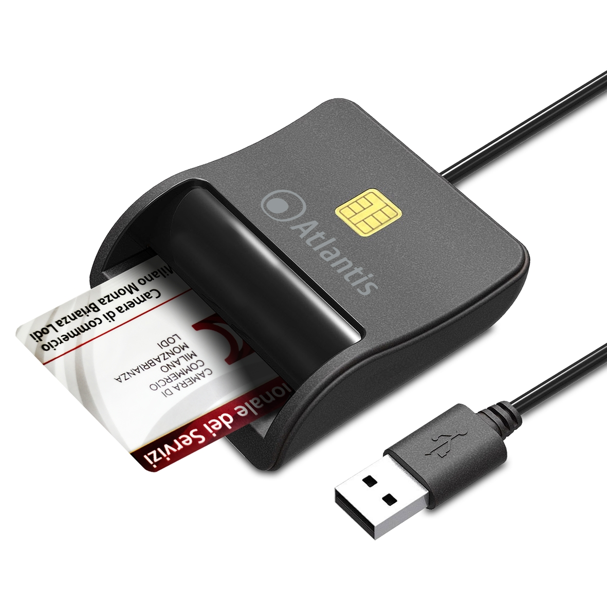 Un lettore di carte Atlantis nero con cavo USB e scheda inserita.