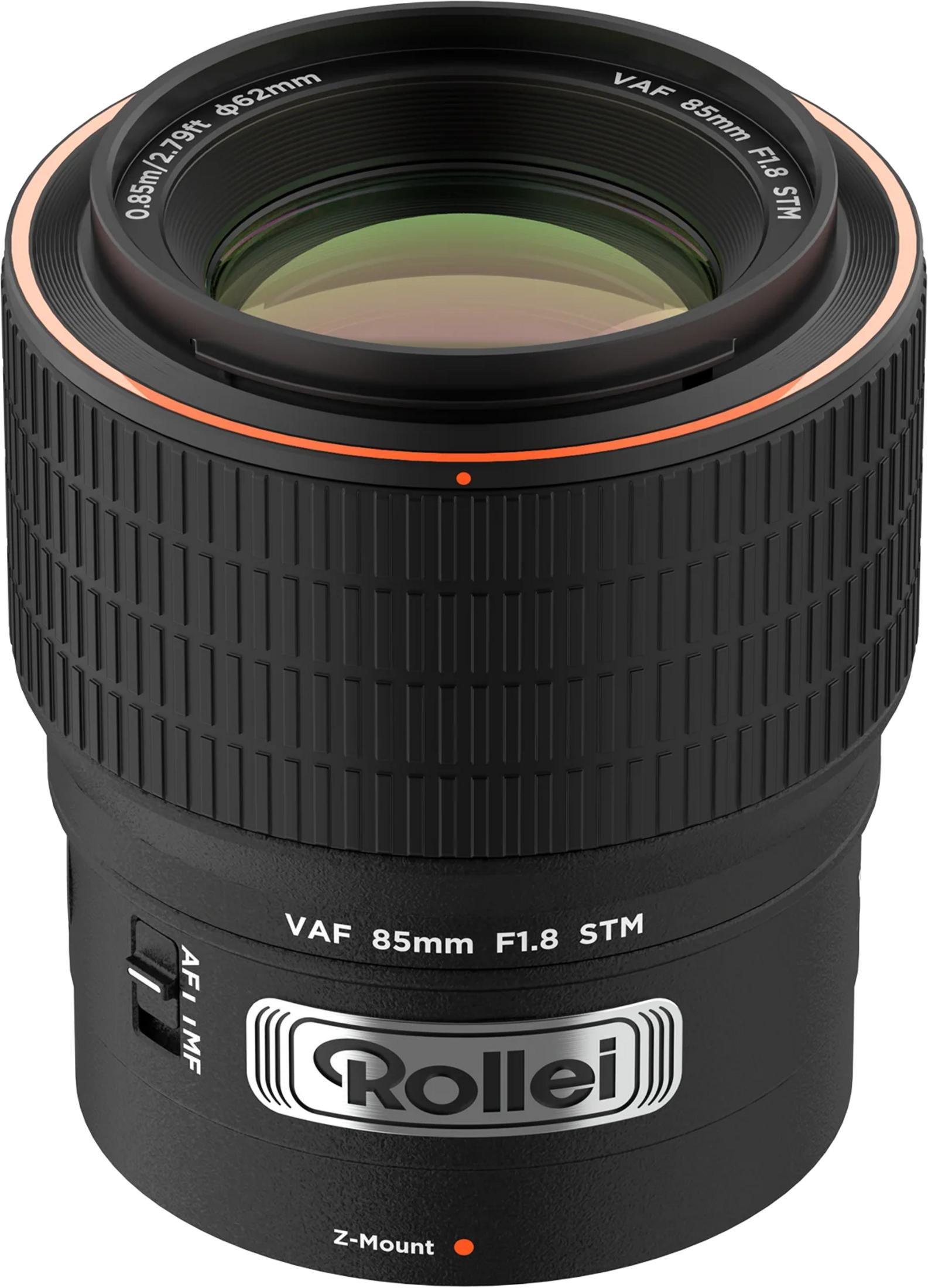 Un obiettivo Rollei VAF 85mm F1.8 STM nero con accenti arancioni.