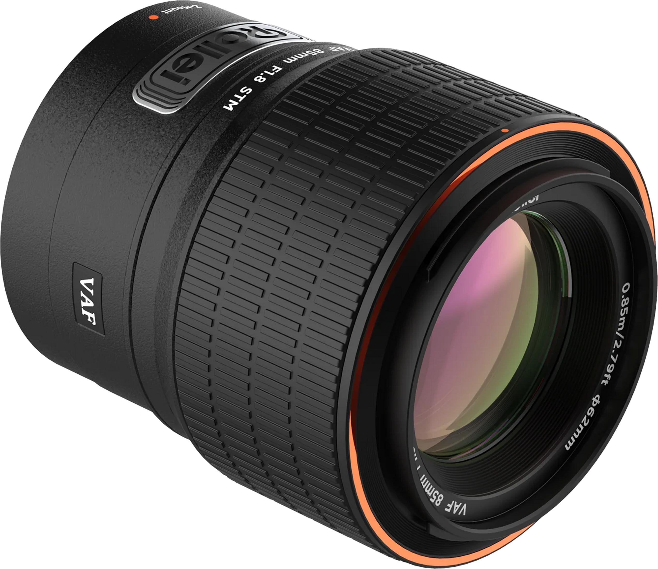 Obiettivo nero con anello arancione e testo 85mm F1.8 STM.