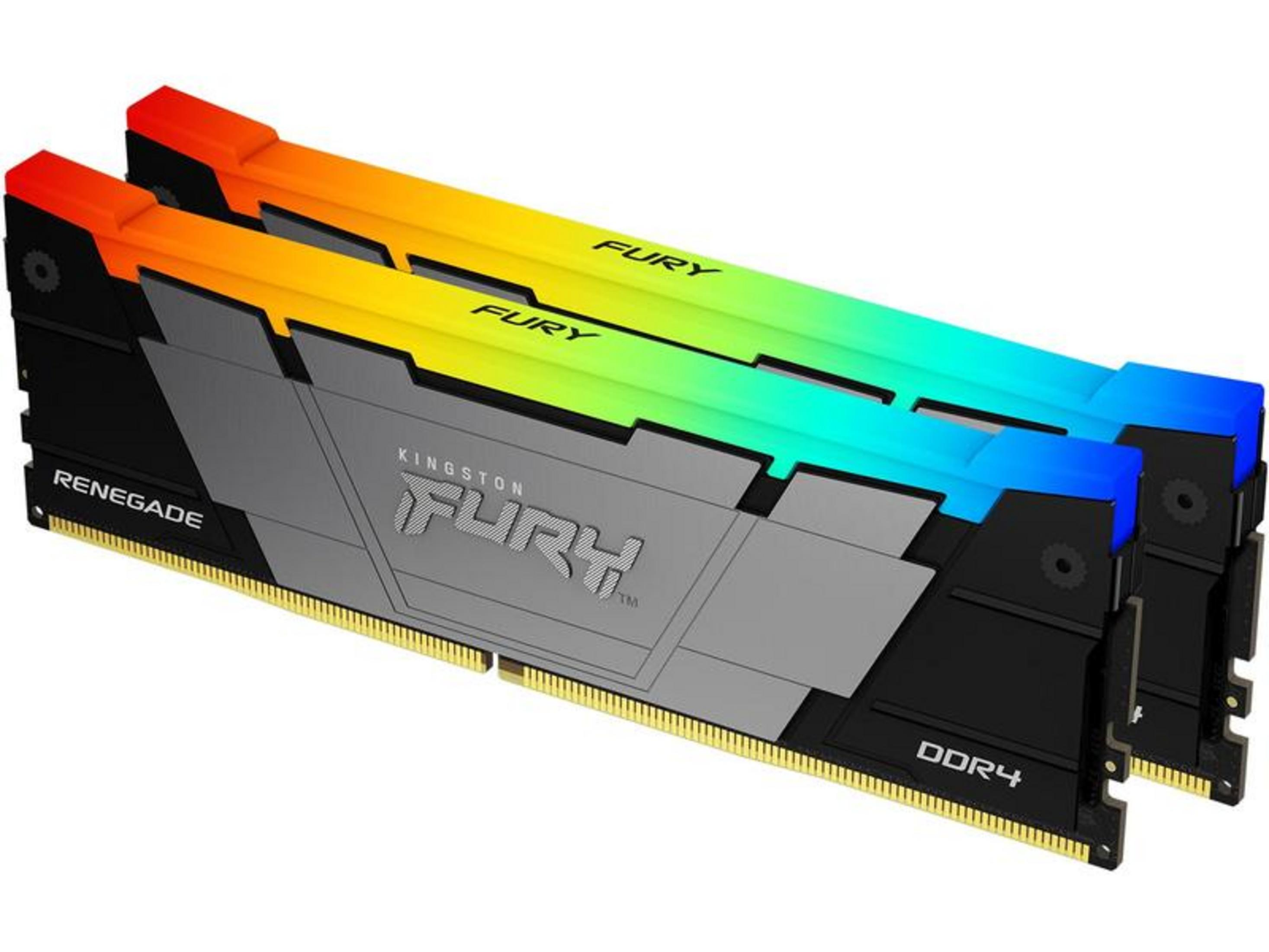 Dwa moduły RAM Kingston Fury Renegade DDR4 z podświetleniem RGB w kolorach pomarańczowym, żółtym, zielonym i niebieskim.