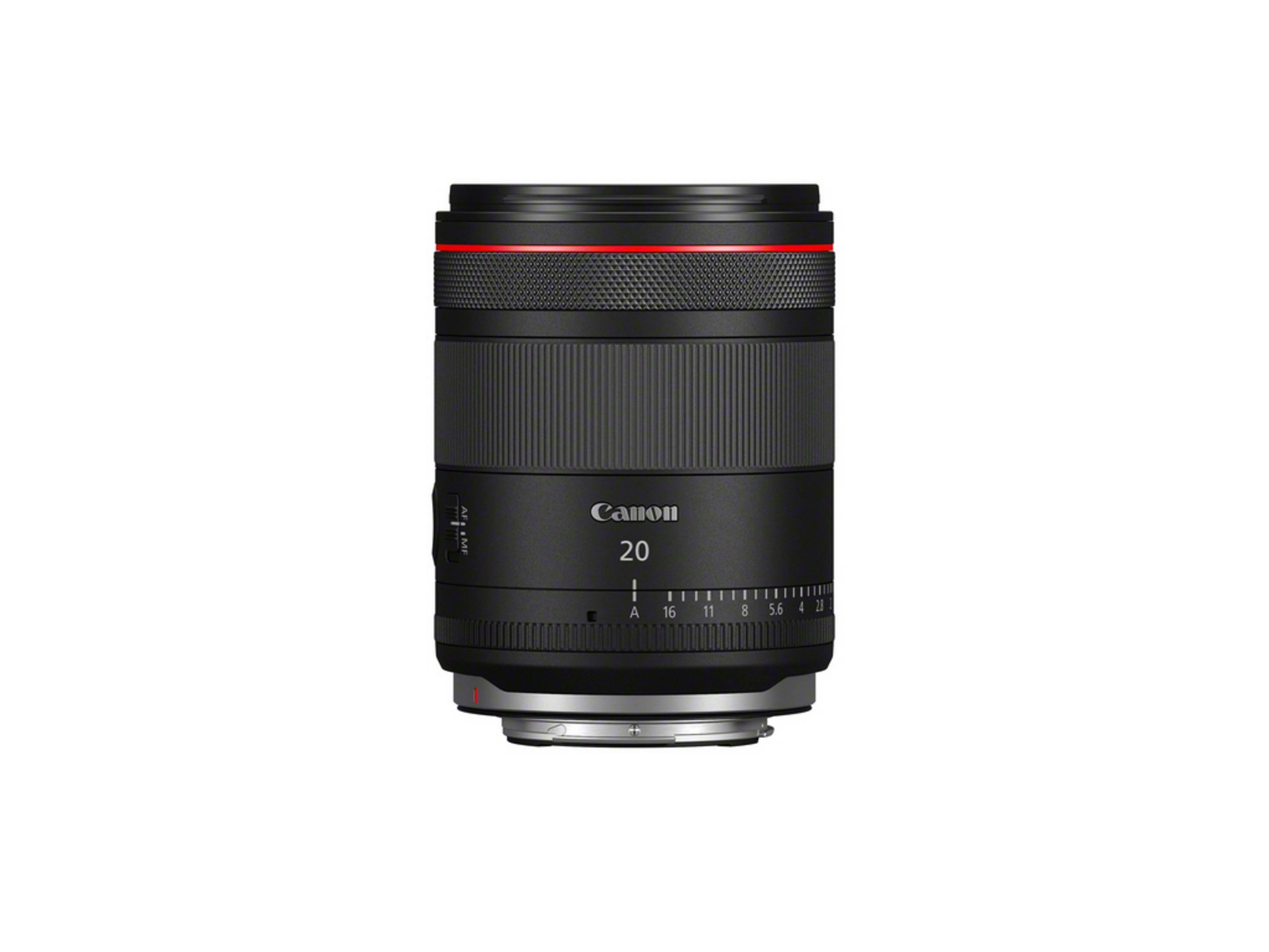 Schwarzes Canon Objektiv mit rotem Ring und Fokus-/Blendenring.