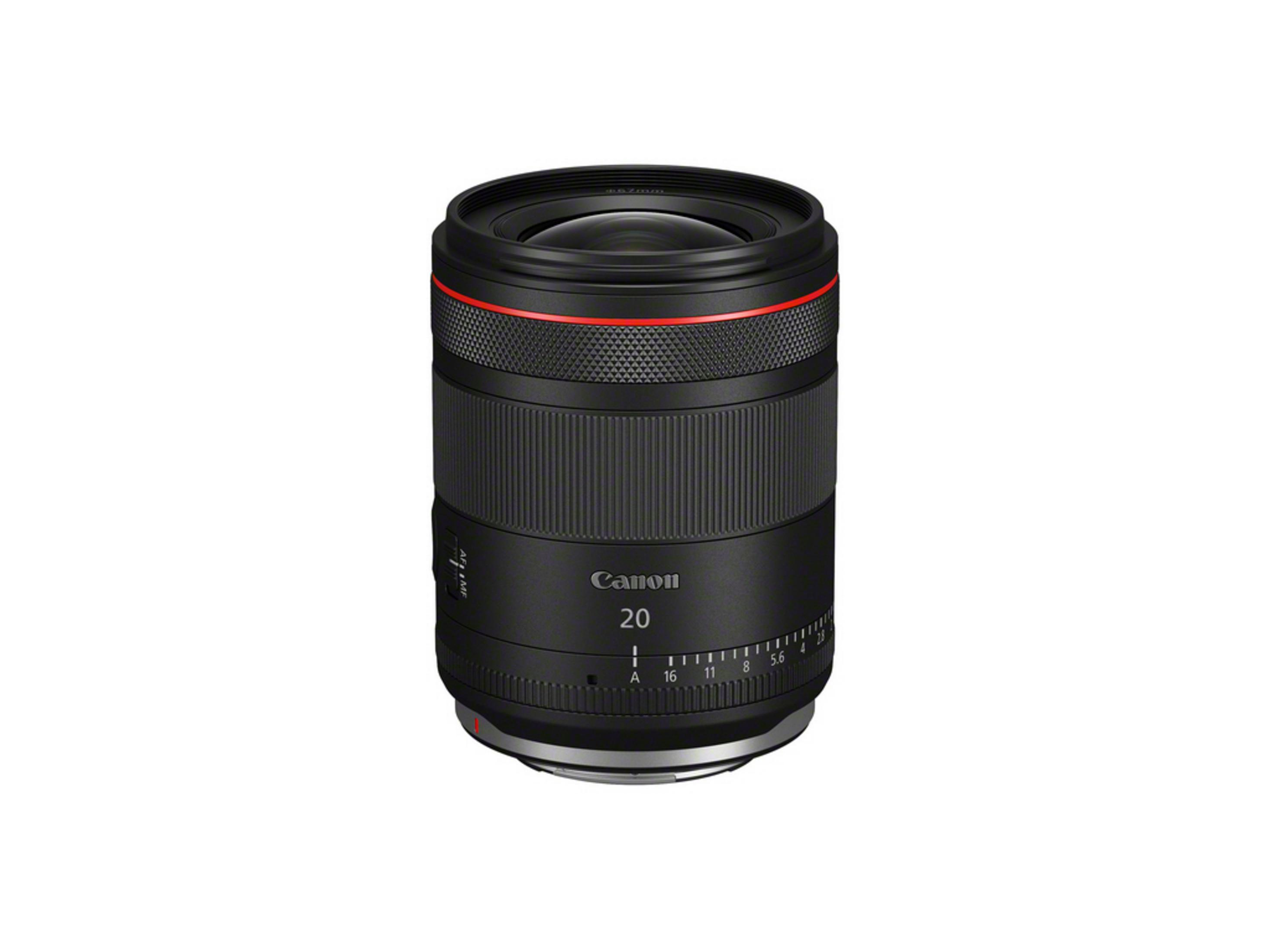 Eine schwarze Canon RF 20mm f1.8 Makro-Objektiv mit rotem Ring.