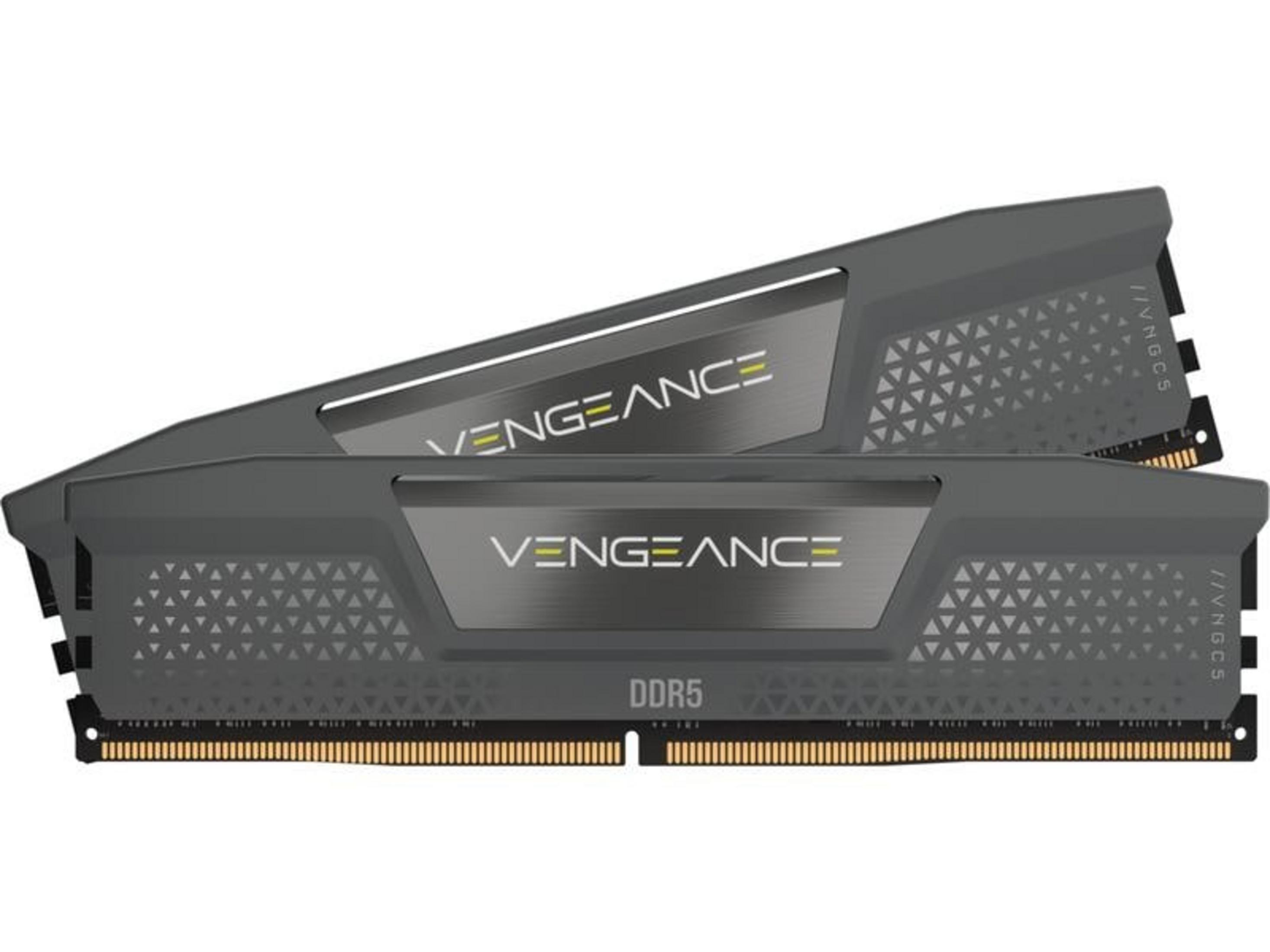 Dwa szare moduły RAM DDR5 ze srebrnym logo „VENGEANCE”.