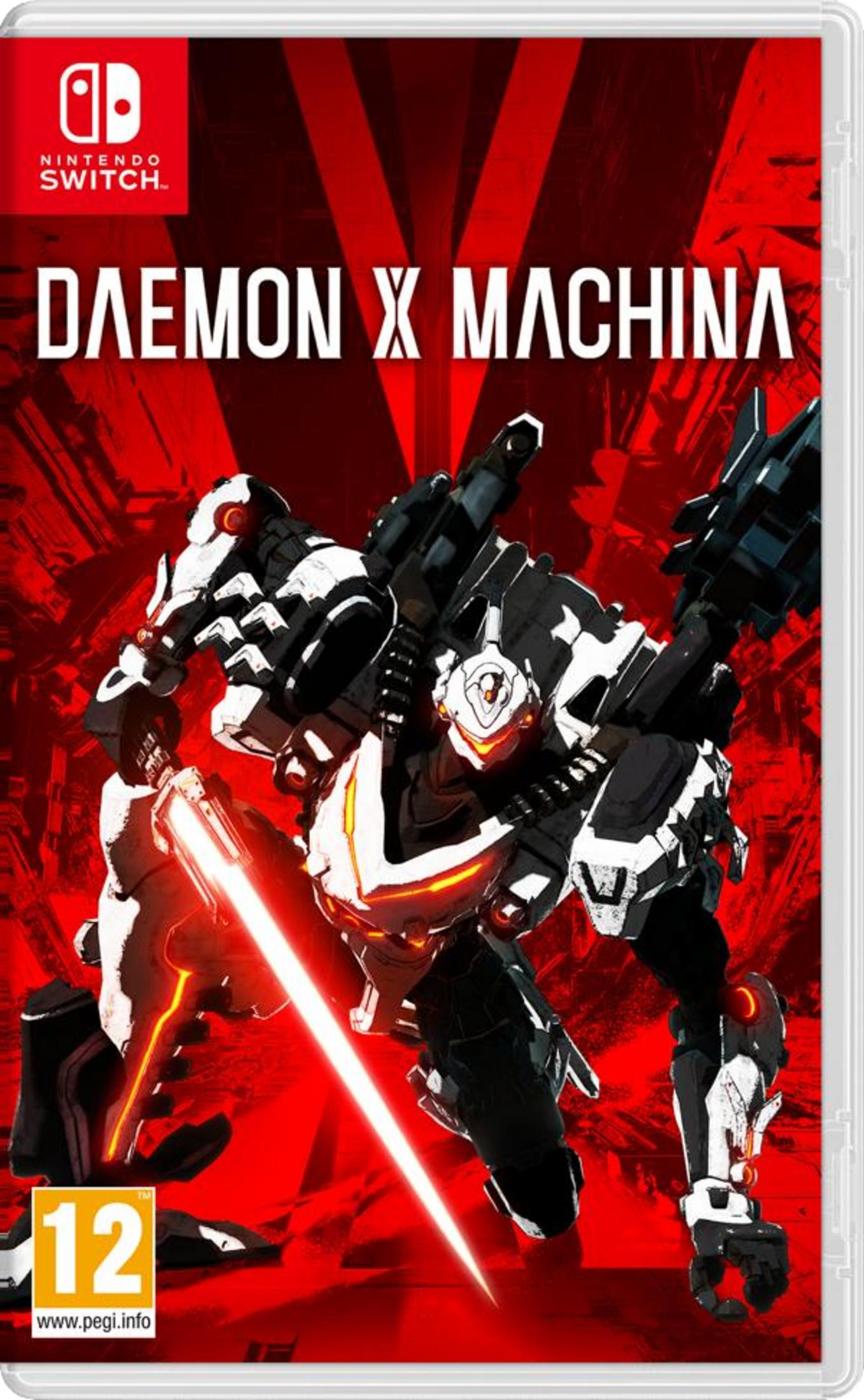 Un mech bianco e nero con illuminazione rossa, logo Daemon X Machina.