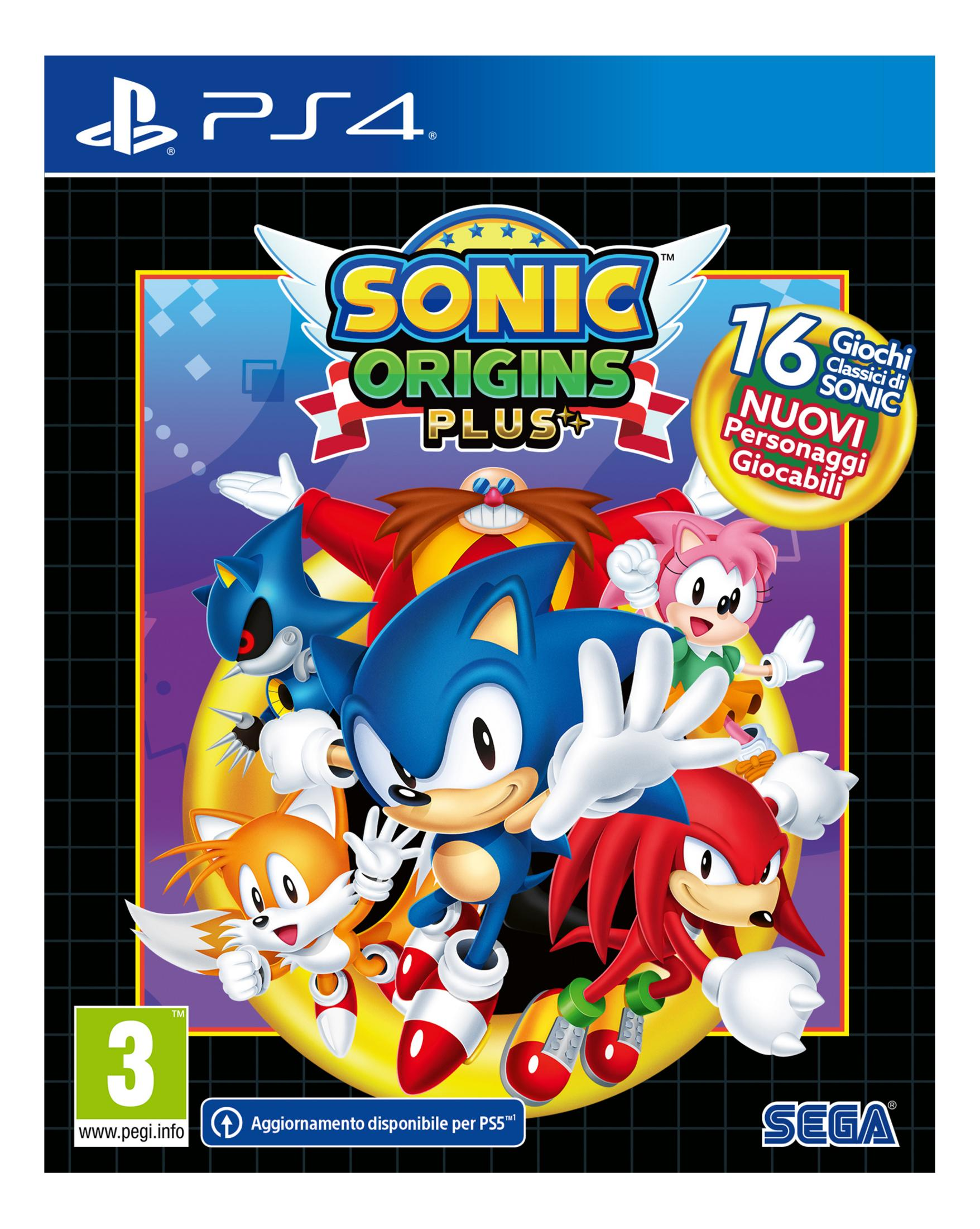 Sonic e amici su copertina gioco PS4. Include Sonic, Tails, Knuckles, Amy, Dr. Eggman e Metal Sonic.