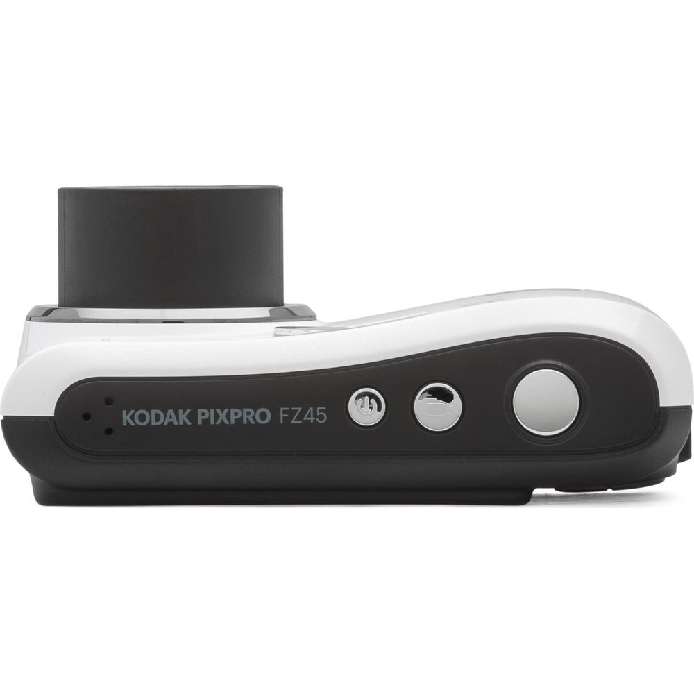 Zbliżenie białego aparatu Kodak Pixpro FZ45 z czarnym obiektywem.