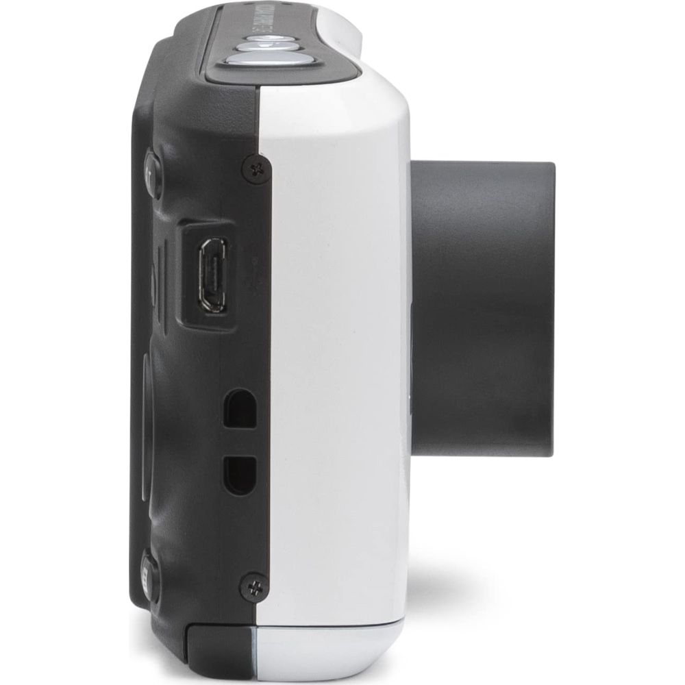 Aparat z boku: czarno-biały przód, port USB, czarny obiektyw.