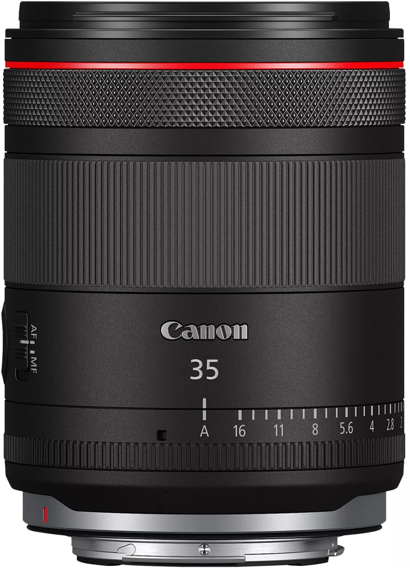 Schwarzes Canon 35mm Objektiv mit rotem Ring und Fokus-/Blendenmarkierungen.