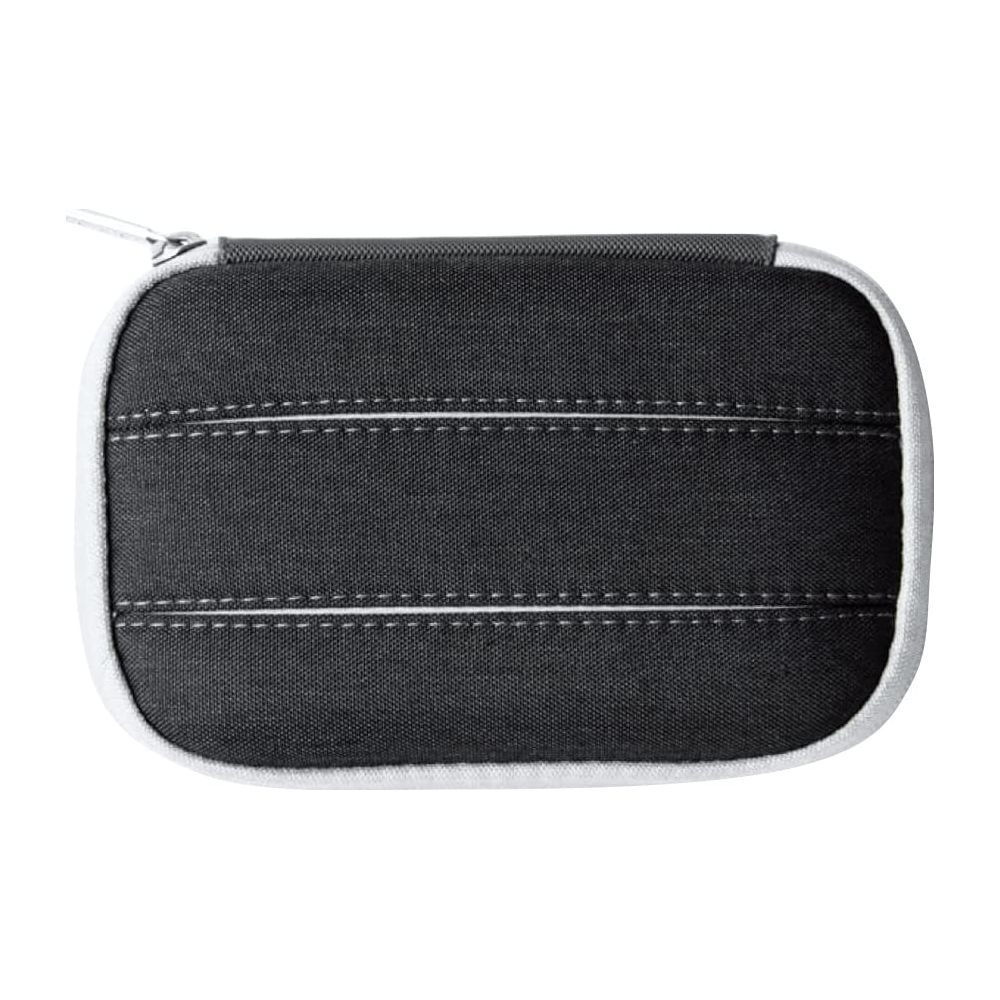 Dunkelgraues Etui mit weißem Reißverschluss und Nähten.
