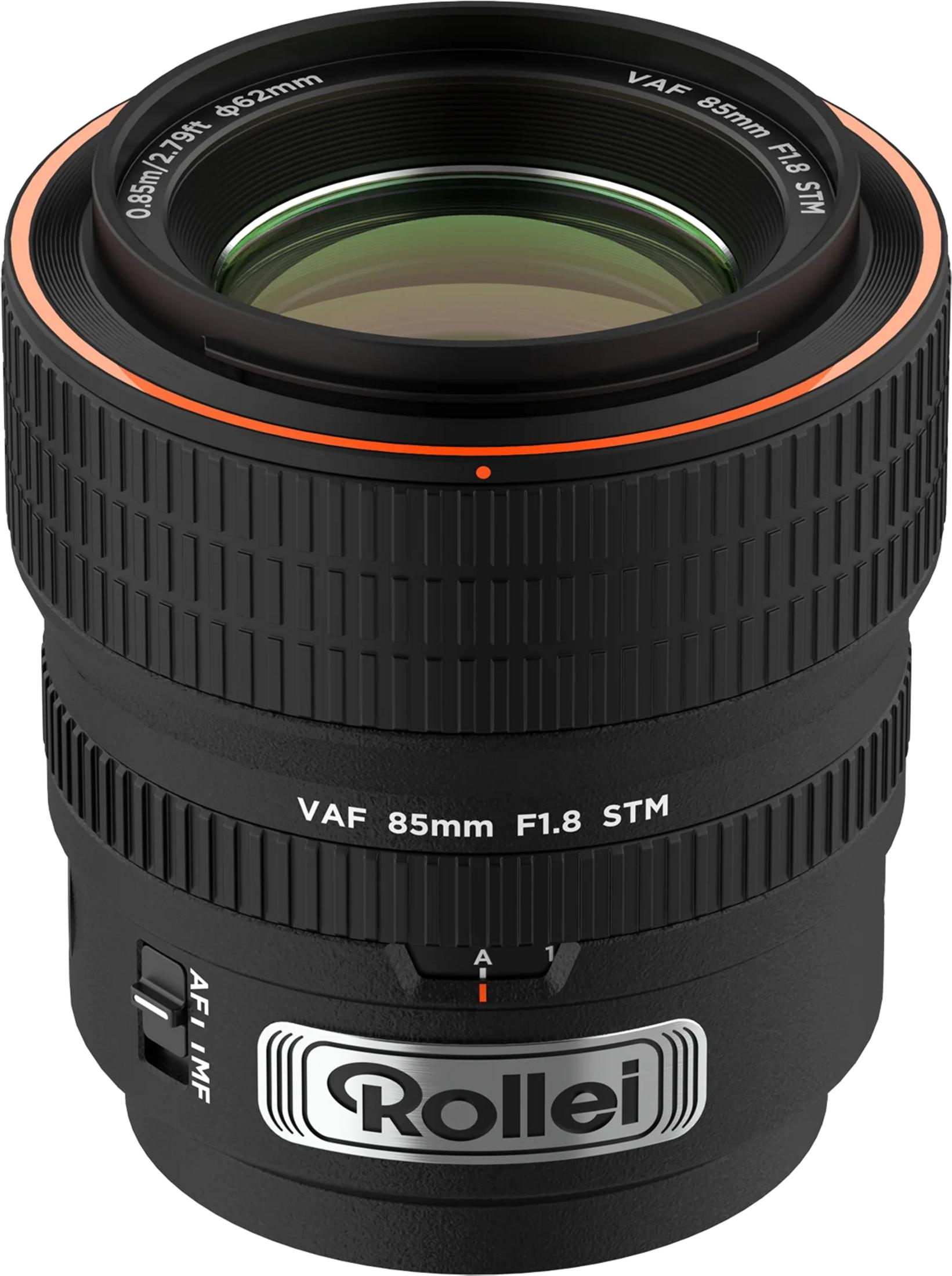 Rollei VAF 85mm F1.8 STM lens met scherpstelring en markeringen op witte achtergrond.