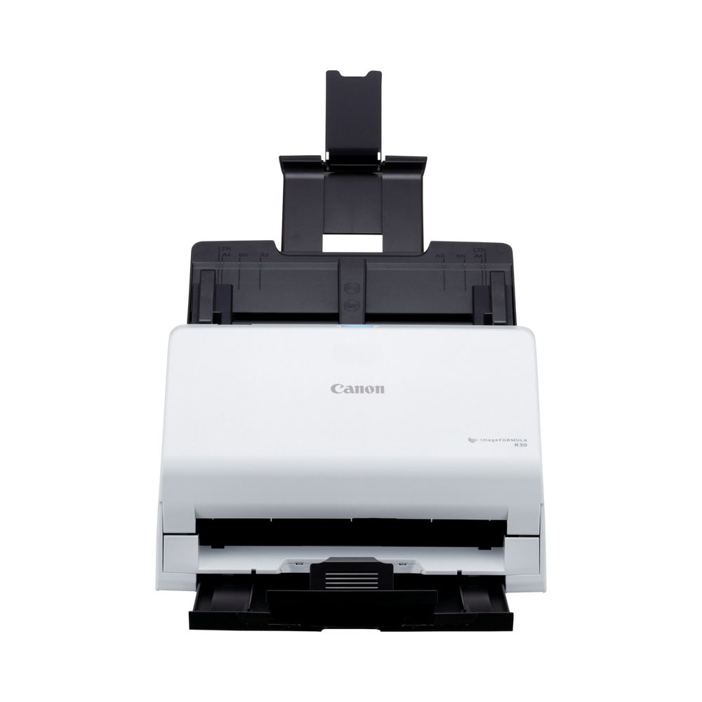 Biały skaner Canon ImageFORMULA R50 z wysuniętym podajnikiem papieru.