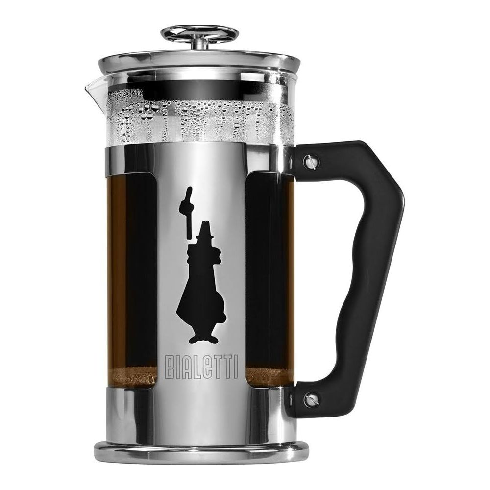 Eine silberne Bialetti French Press mit schwarzem Griff und braunem Kaffee.