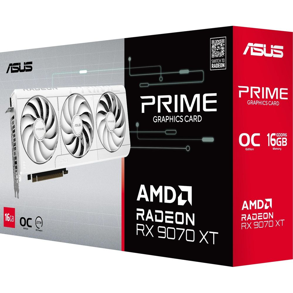 Biała karta graficzna ASUS Radeon RX 9070 XT z trzema wentylatorami na pudełku.