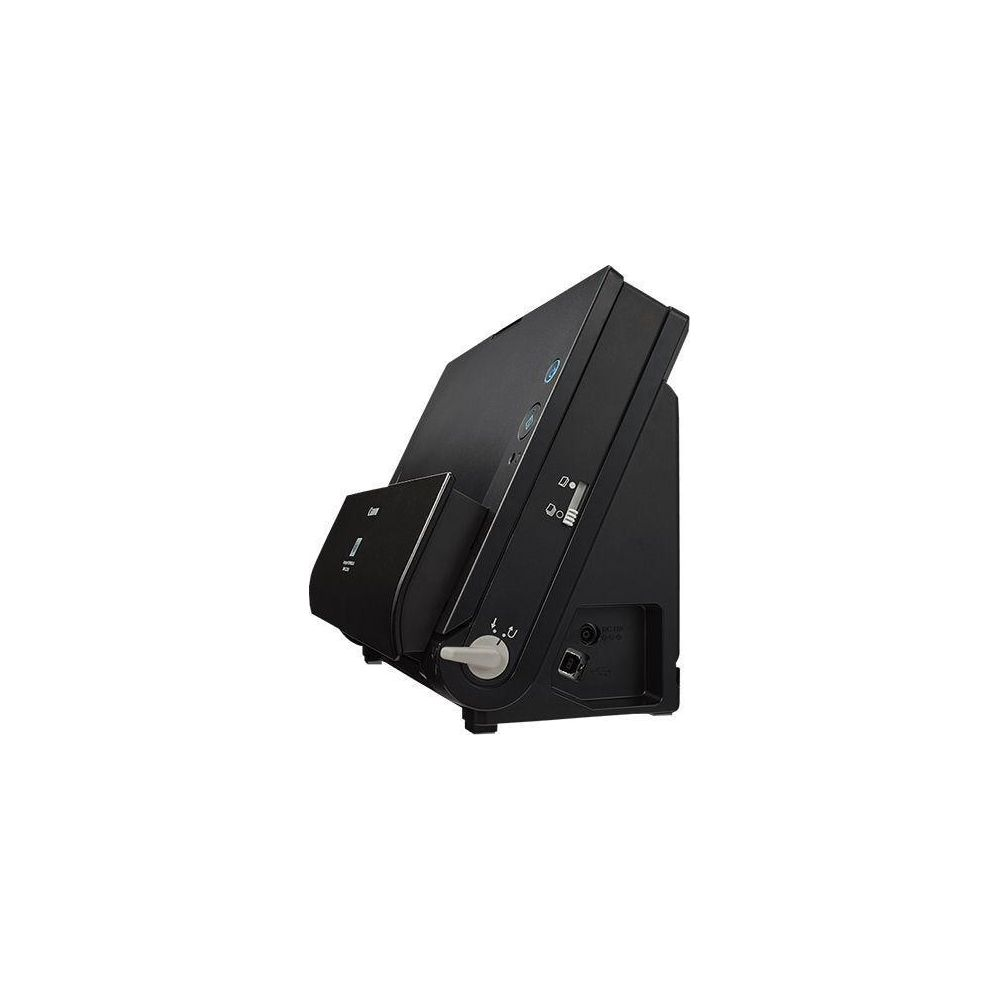 Czarny skaner ze srebrnymi przyciskami i portami, na białym tle.