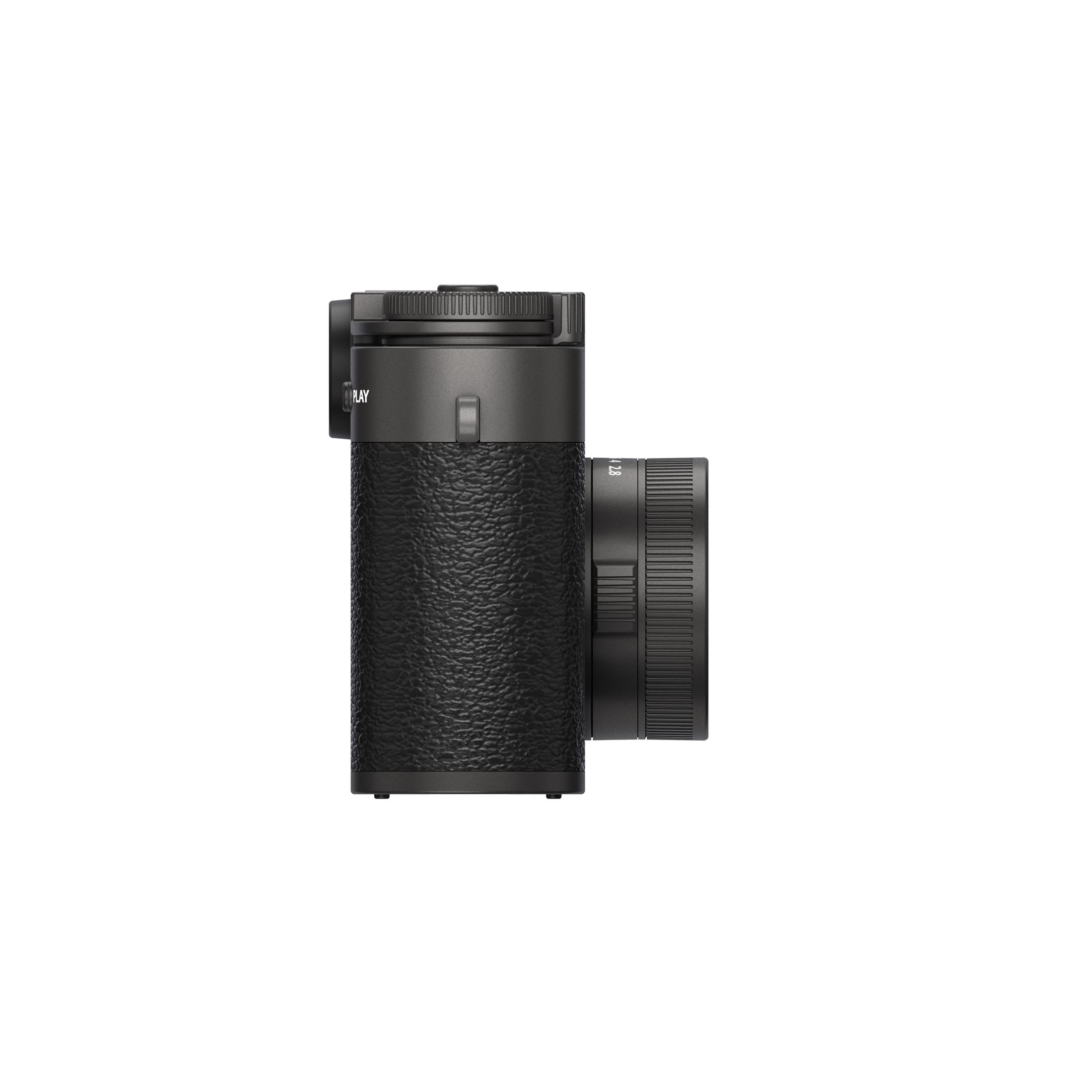 Close-up van een getextureerde zwarte camera. Een lens is aan de zijkant zichtbaar.