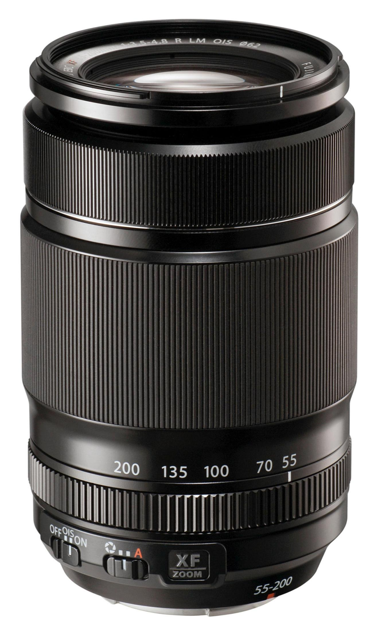 Czarny obiektyw aparatu z pierścieniem zoomu i oznaczeniami, np. 55-200.