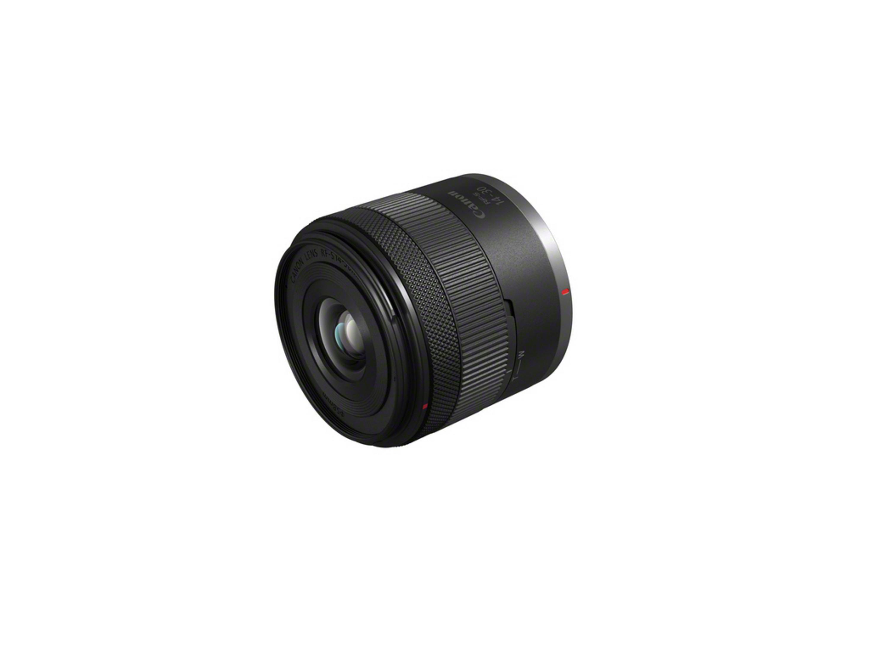 Een zwarte Canon cameralens met tekst, geïsoleerd op wit.