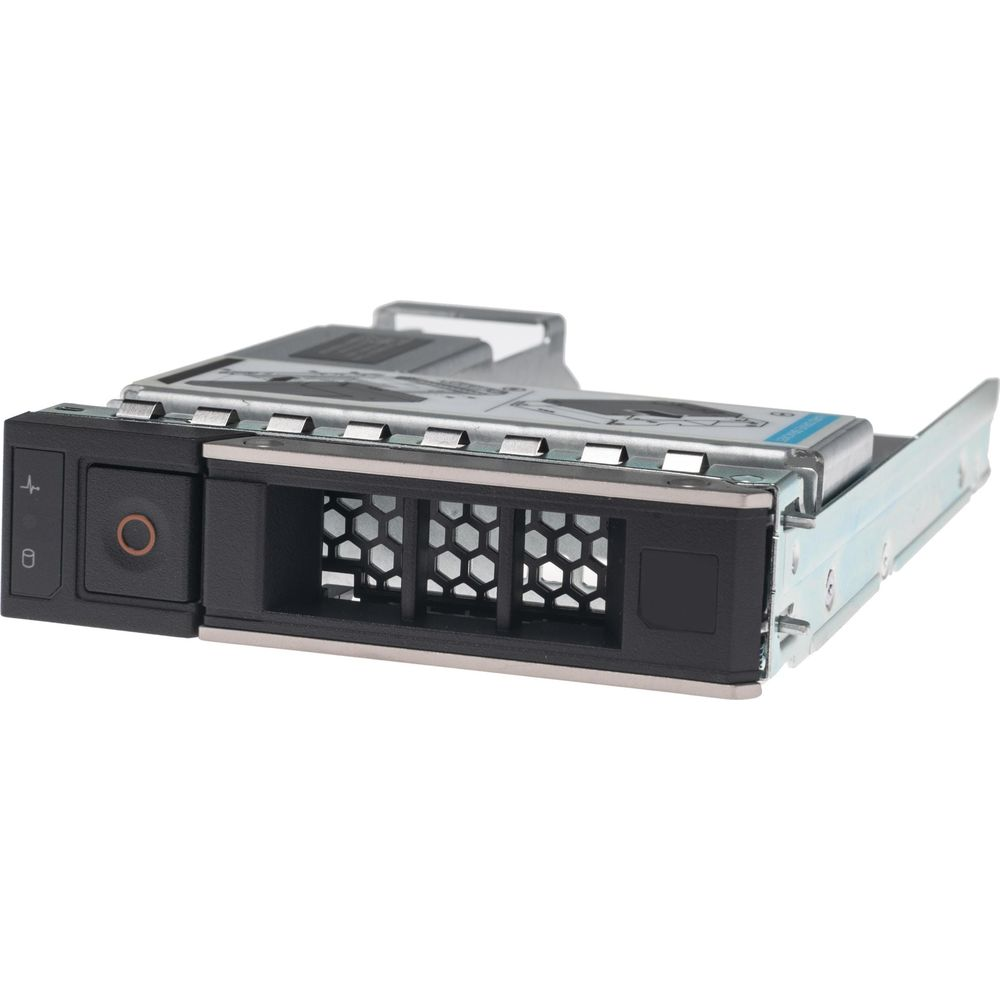 Un vassoio per hard disk del server con fessure di ventilazione e pulsante di accensione.