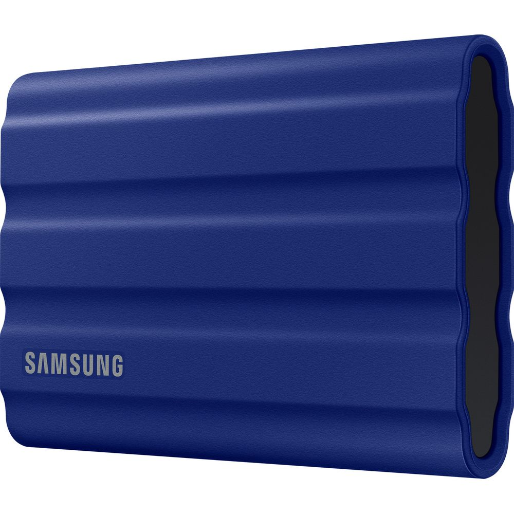 Eine blaue Samsung externe Festplatte mit Rillenstruktur.