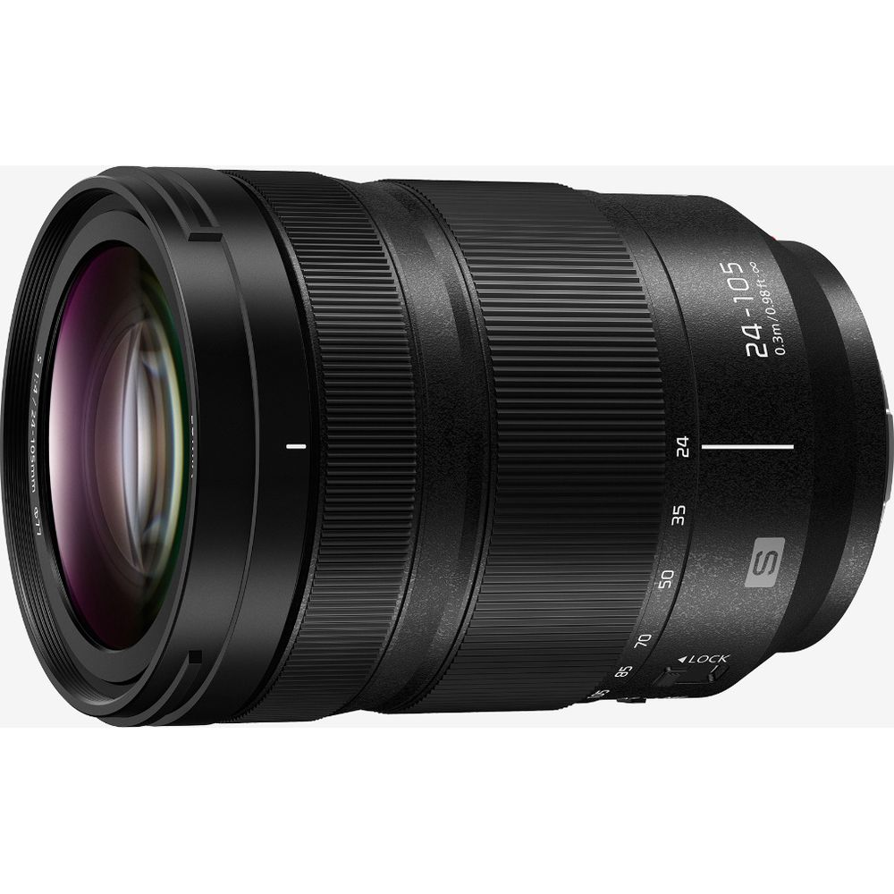 Ein schwarzes Kameraobjektiv mit Zoomring und Fokusmarkierungen.