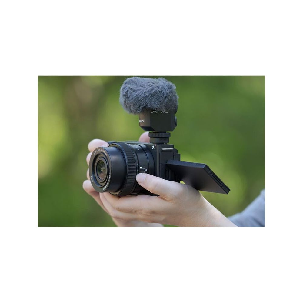 Persona tiene una fotocamera Sony con microfono all'aperto.