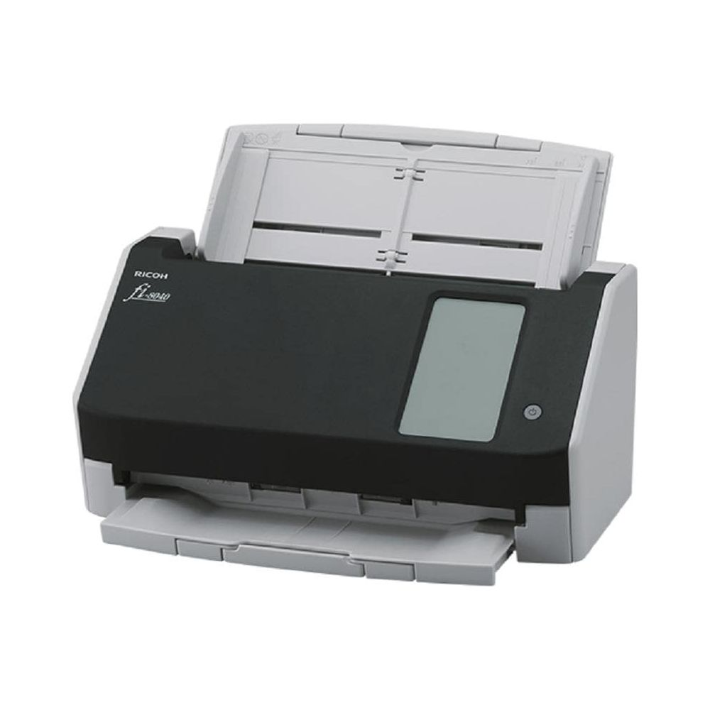 Czarny i szary skaner Ricoh z ekranem i tacą wyjściową na papier.