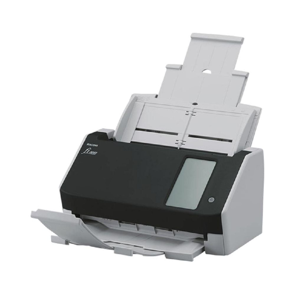Czarno-szary skaner Ricoh z otwartą tacą wejściową i wyjściową.