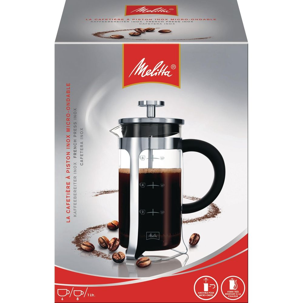 French Press Melitta z czarnym uchwytem, wypełniony kawą.