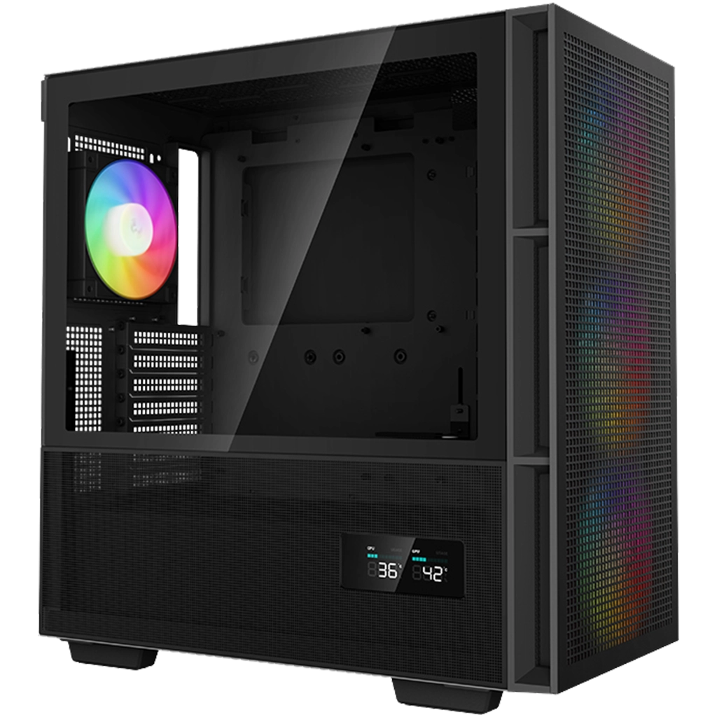Zwarte computerkast met RGB-ventilator en digitaal temperatuurdisplay
