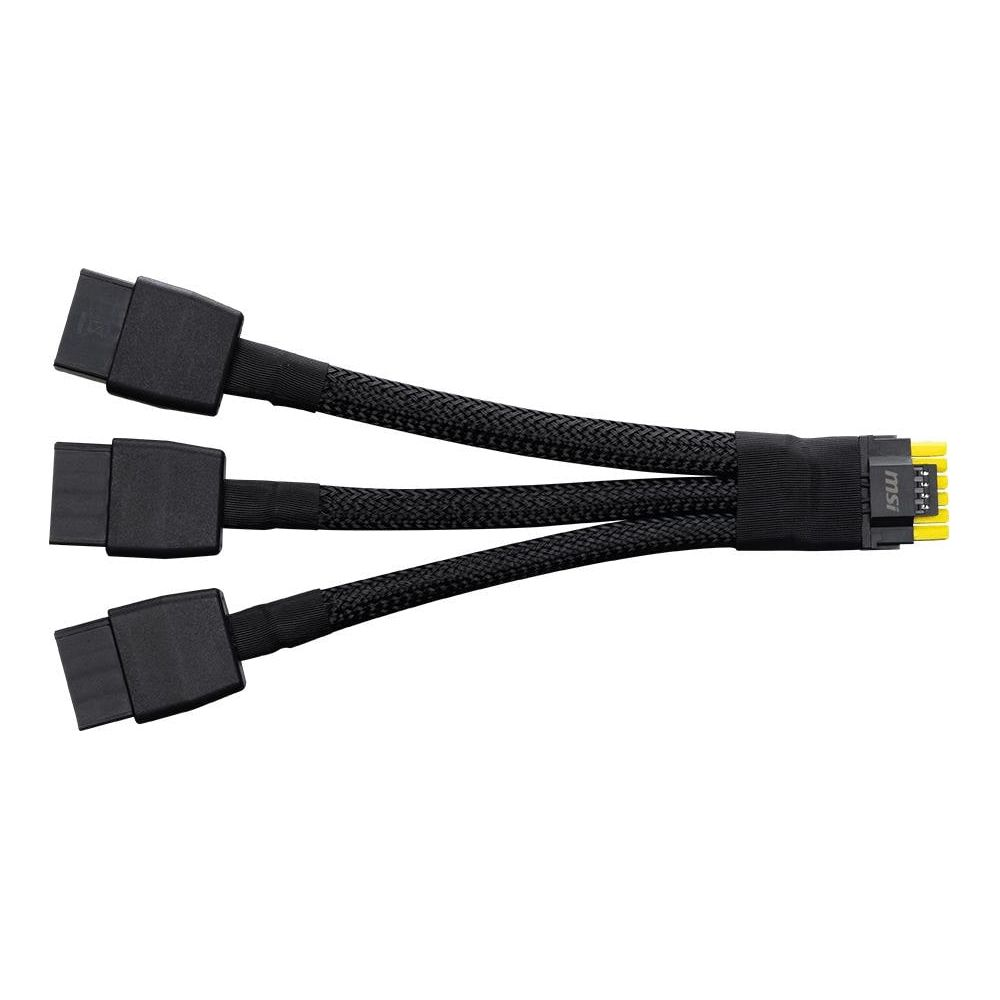 Trzy czarne kable z łopatkami wentylatora i logo MSI na białym tle.