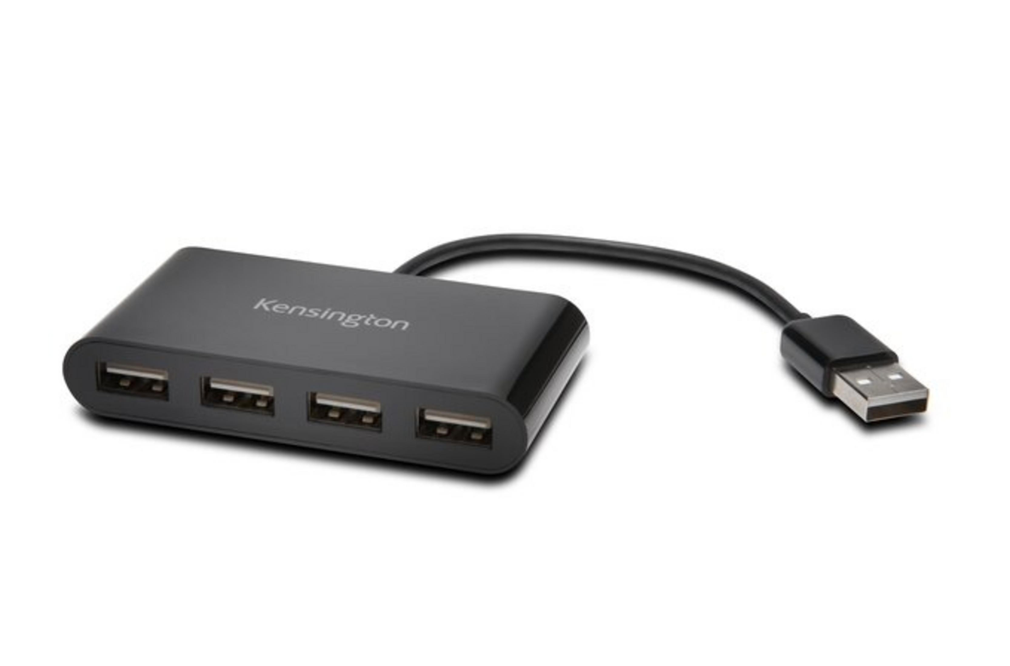 Hub USB Kensington nero con quattro porte e un cavo USB.