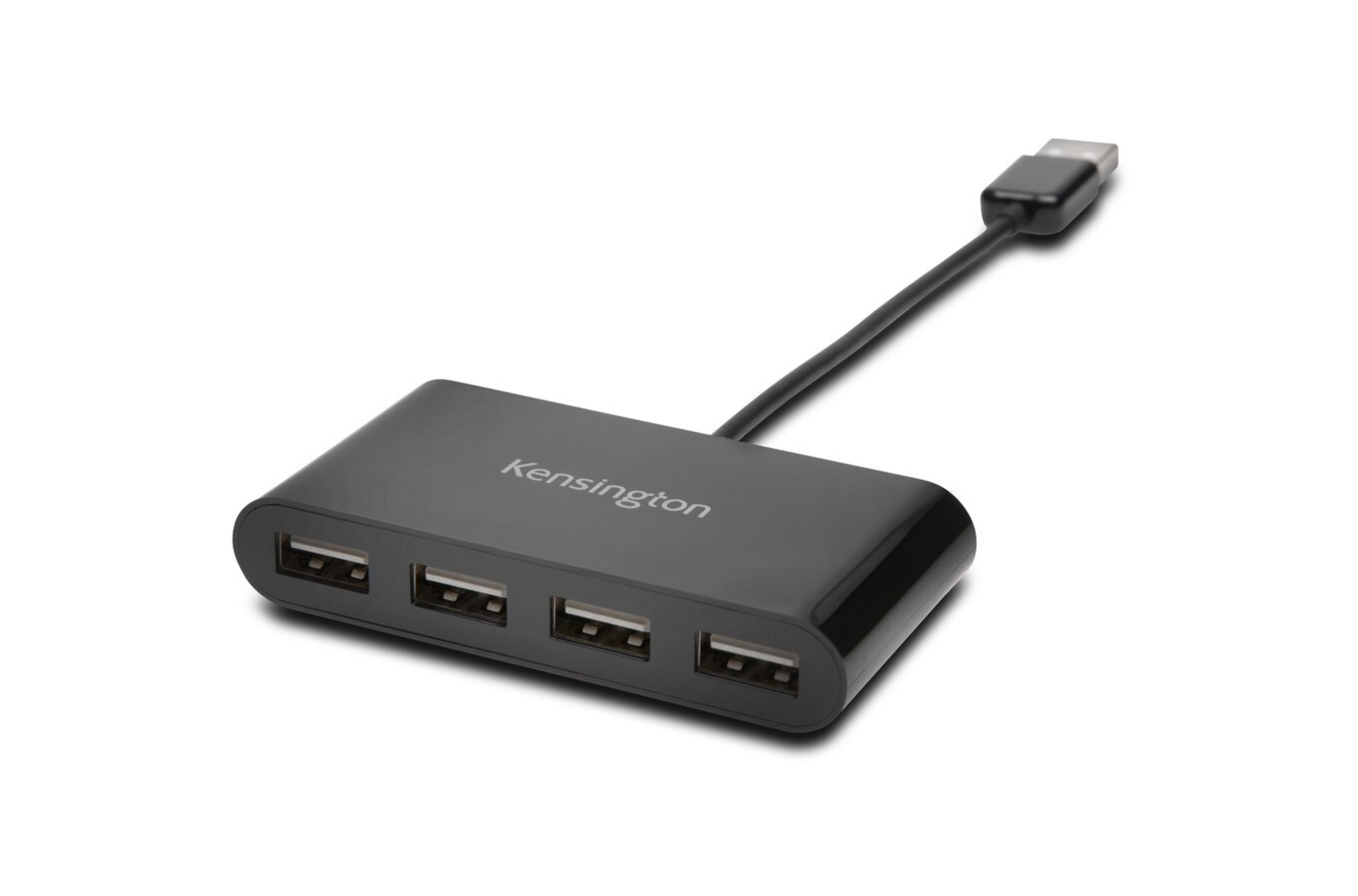 Hub USB Kensington nero con quattro porte e cavo.